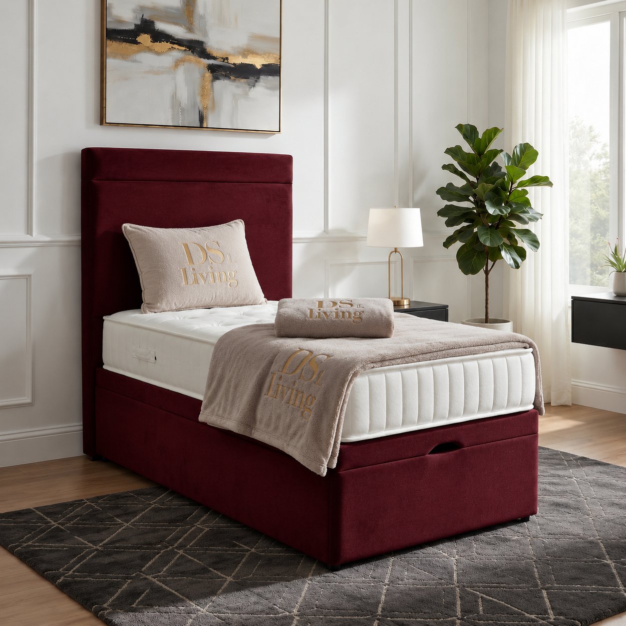 DS Living Majesty Single Velvet Ottoman Bed Frame - Burgundy