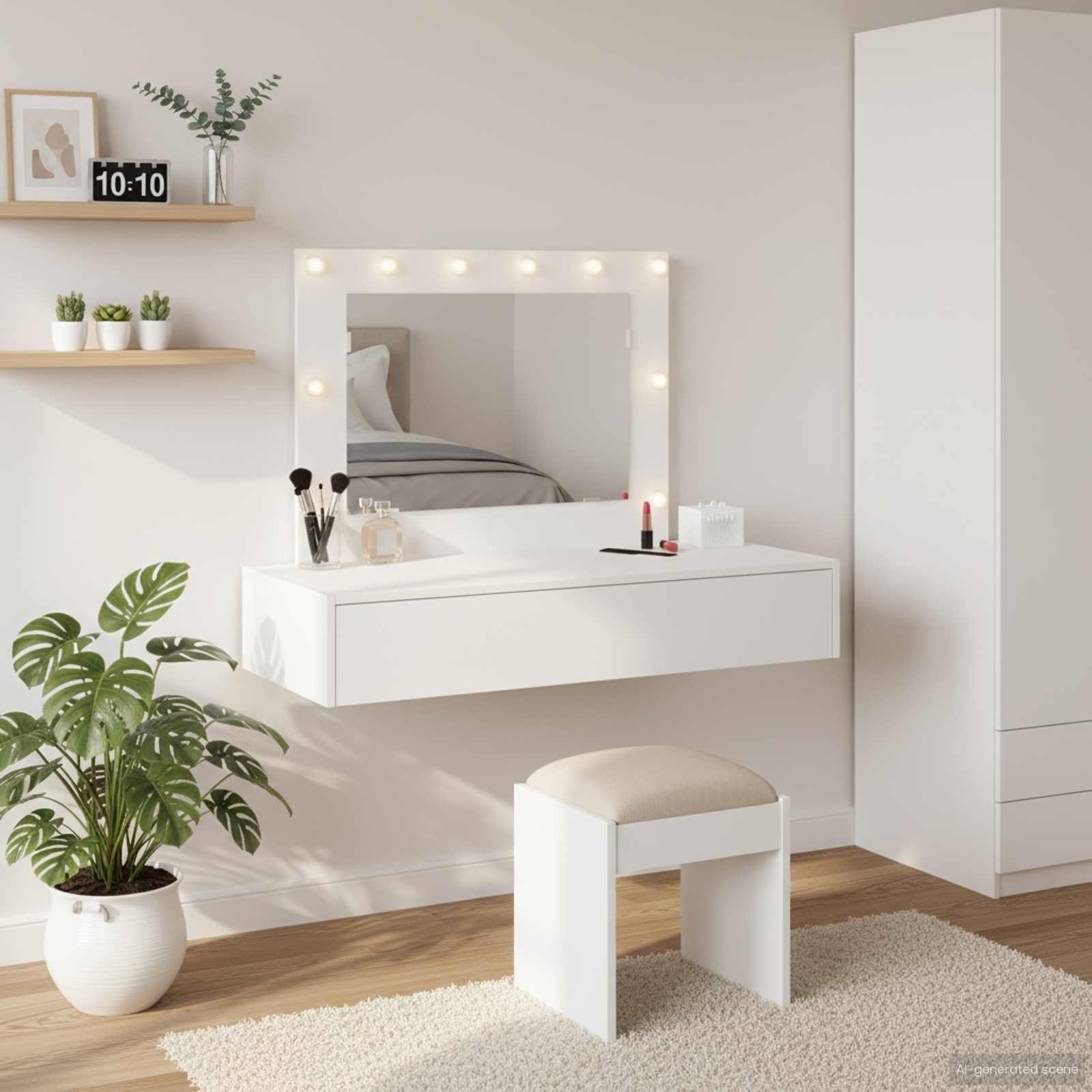 Walplus 1 Drawer Wood Dressing Table Wall Mounted - White - 100 x 40 x 70 cm