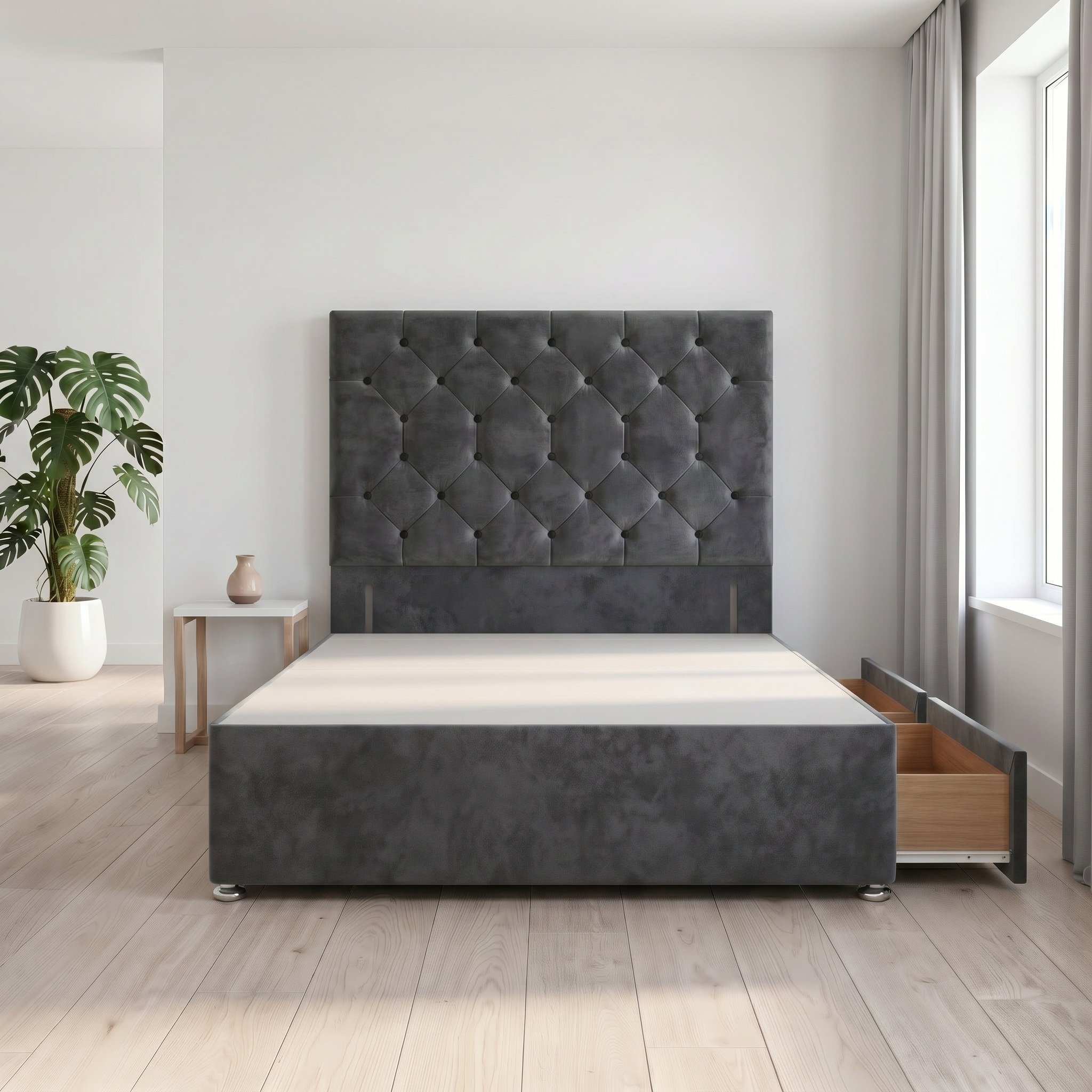 Somnior Diamante Velvet 6FT Super King 2 Drawer Divan Bed Base - Charcoal
