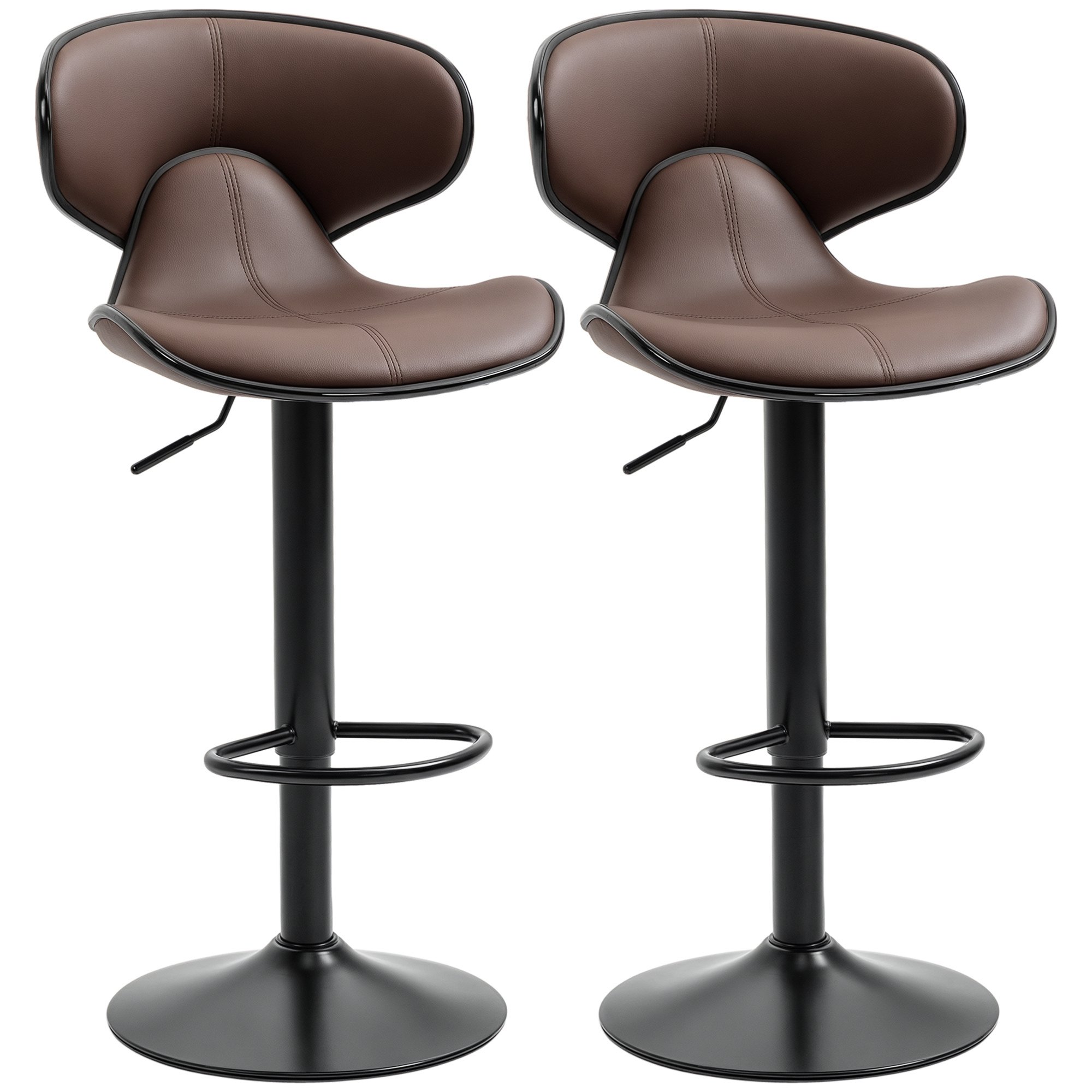 HOMCOM Set of 2 Bar Stools with Footrest and Steel Frame Gas Lift - Brown