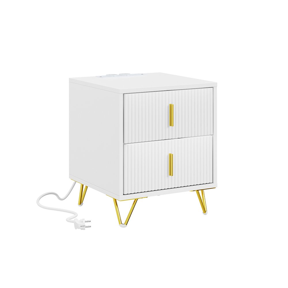 SoBuy 2 Drawer Slim Bedside Table with Gold Metal Legs - White