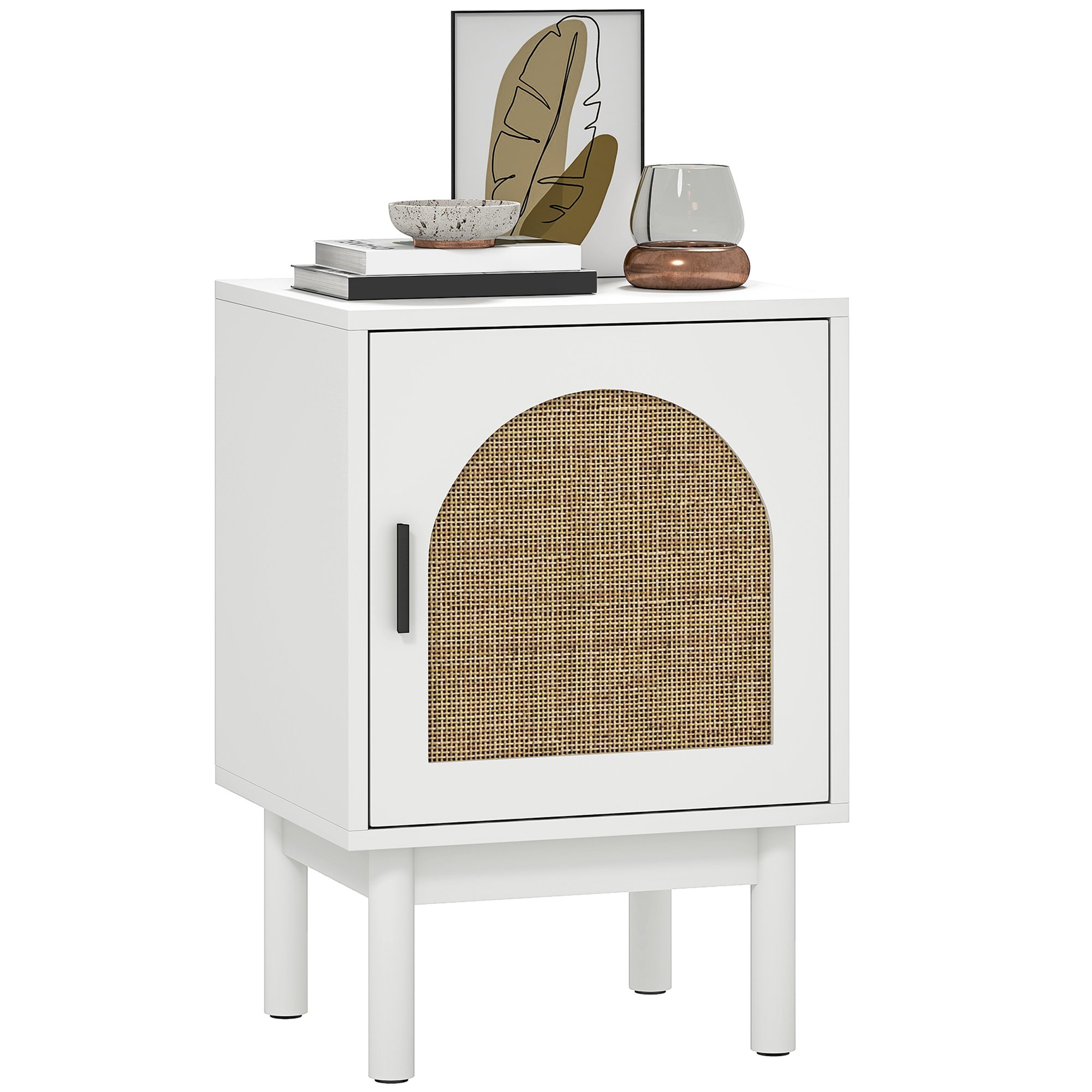 HOMCOM Rattan Bedside Table with Solid Wood Legs - White