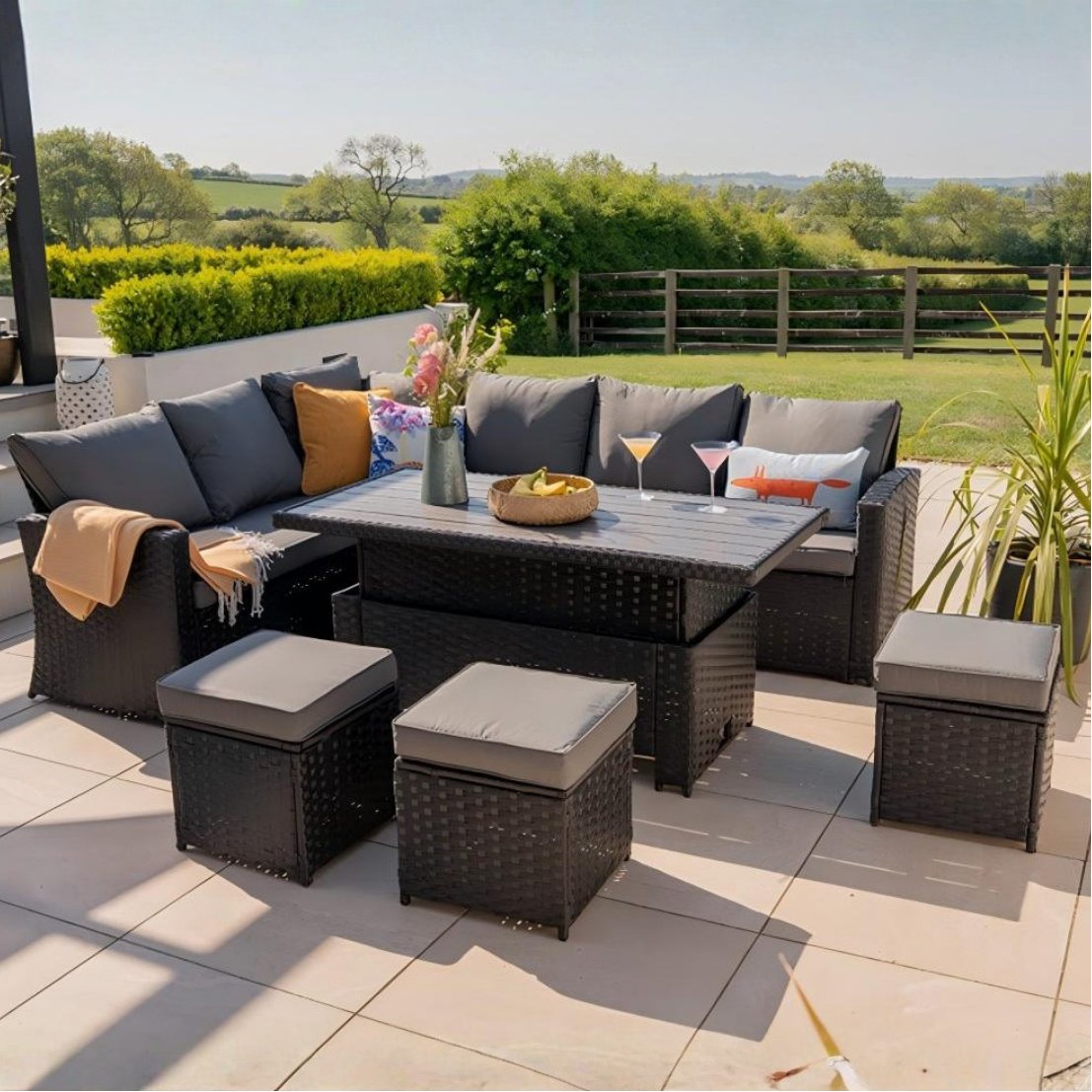 Furniture Maxi Rosen Metal Frame Rising Table Sofa Set With Cover - Black