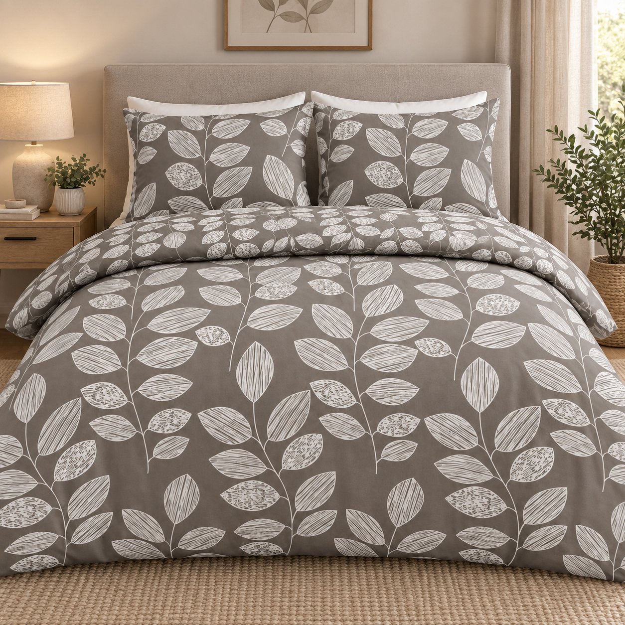 New Edge Blinds Leaves Grey Duvet Set - Double