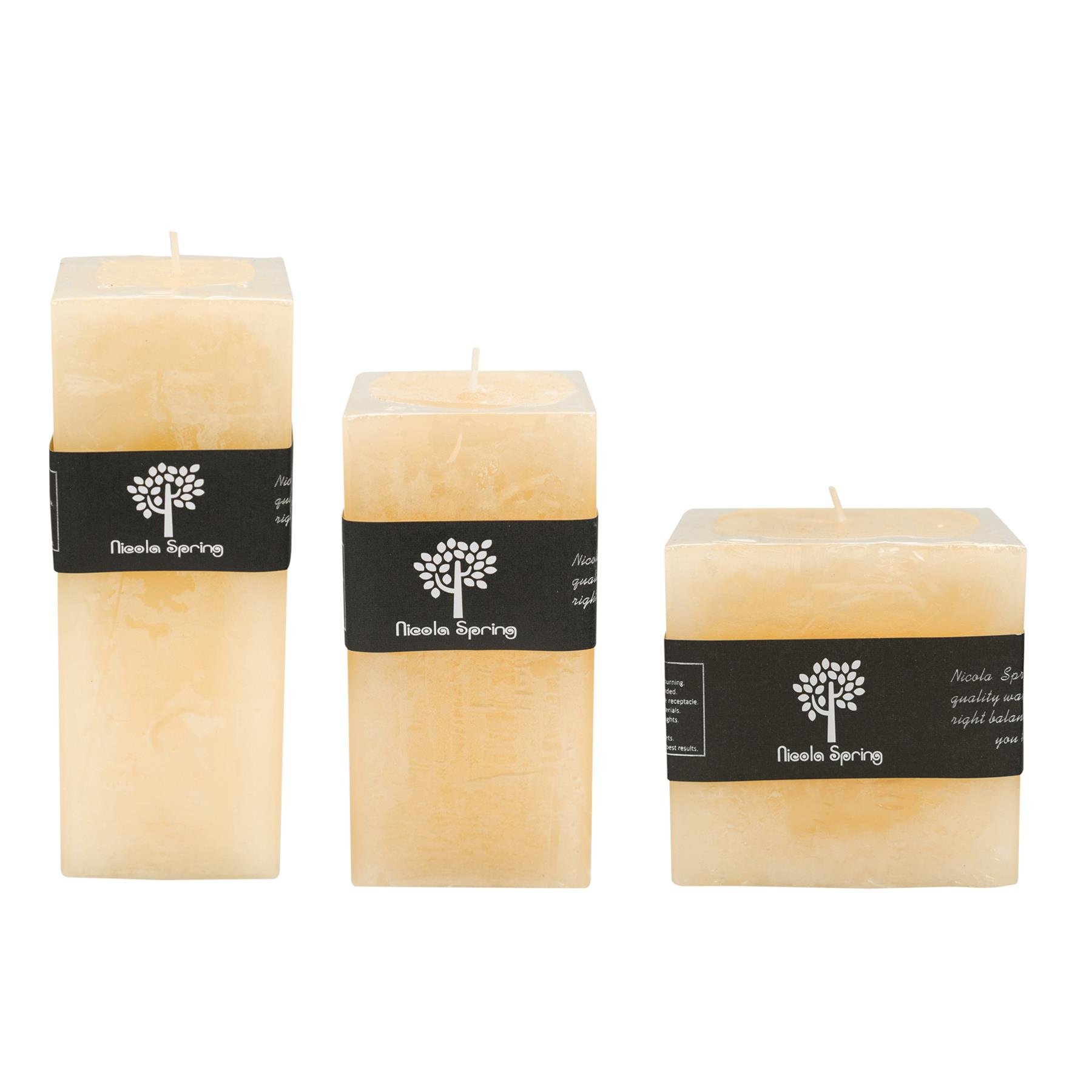 Nicola Spring Pack of 3 Square Vanilla Pillar Candles 3 Sizes - Cream