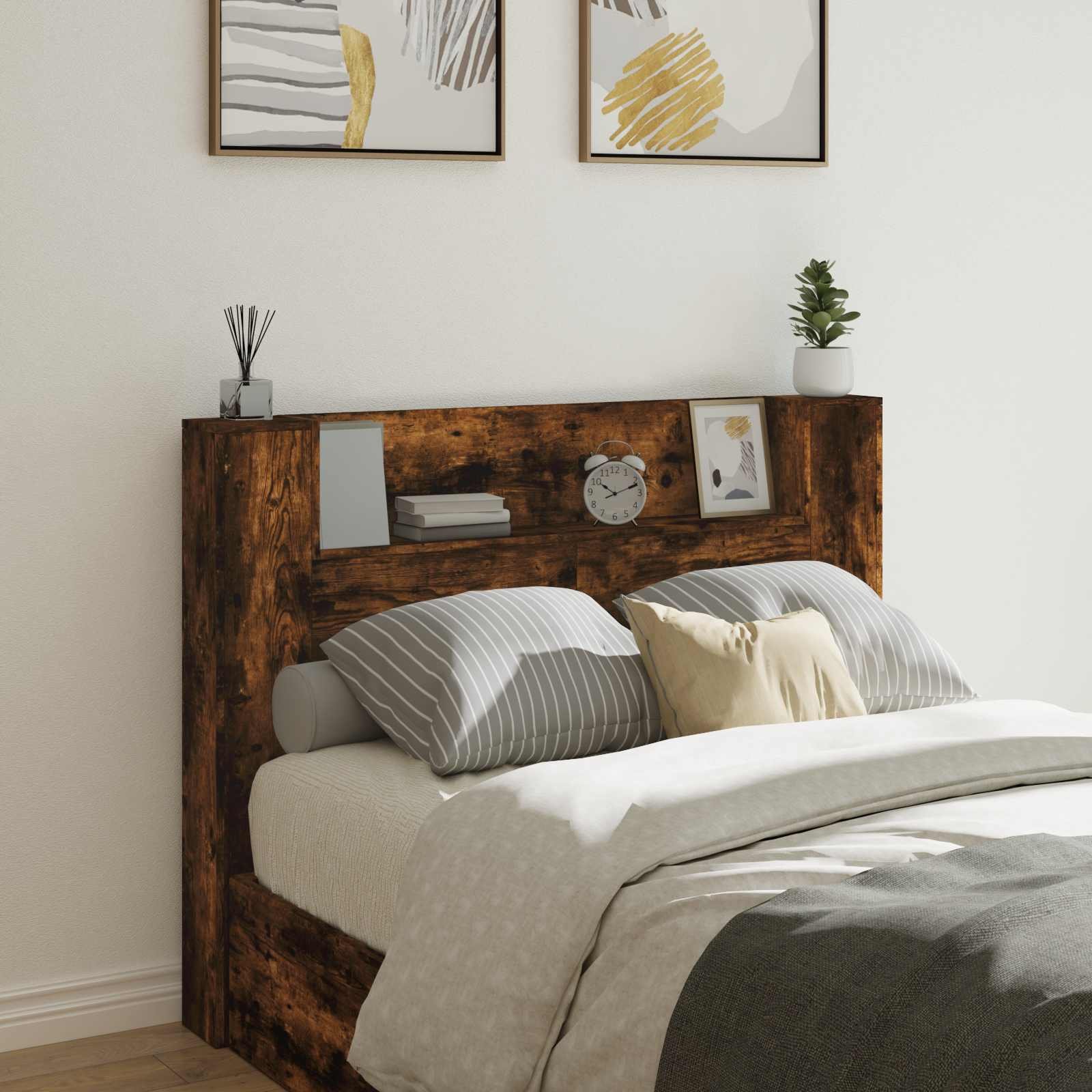 Walplus Wood LED Storage Headboard - Dark Oak - 140 x 16.5 x 103.5 cm