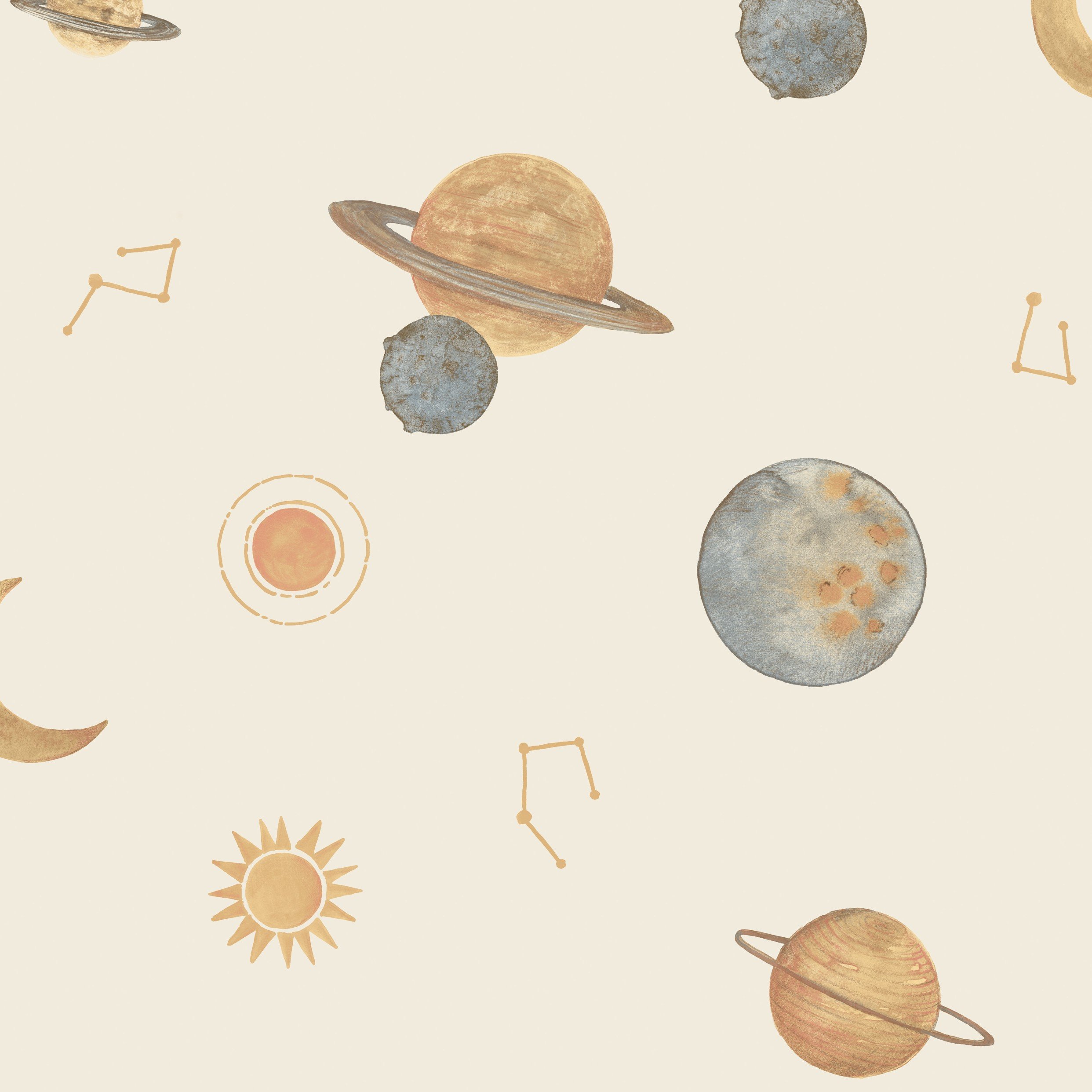Grandeco Maury Planets Constellations Nursery Textured Wallpaper - Cream Gold
