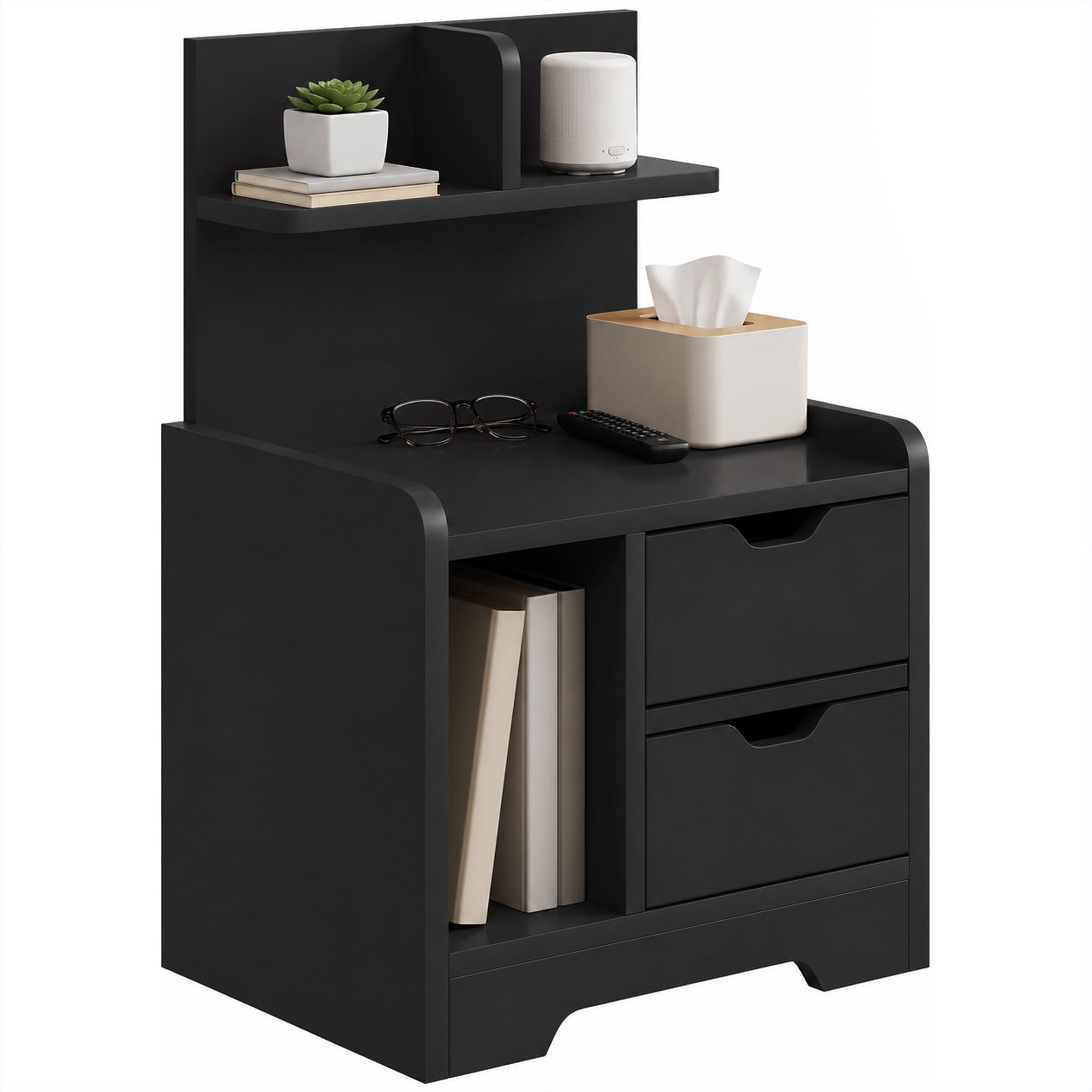 HOMCOM Bedside Table with 2 Drawers and Storage Shelves - Black Wood Effect
