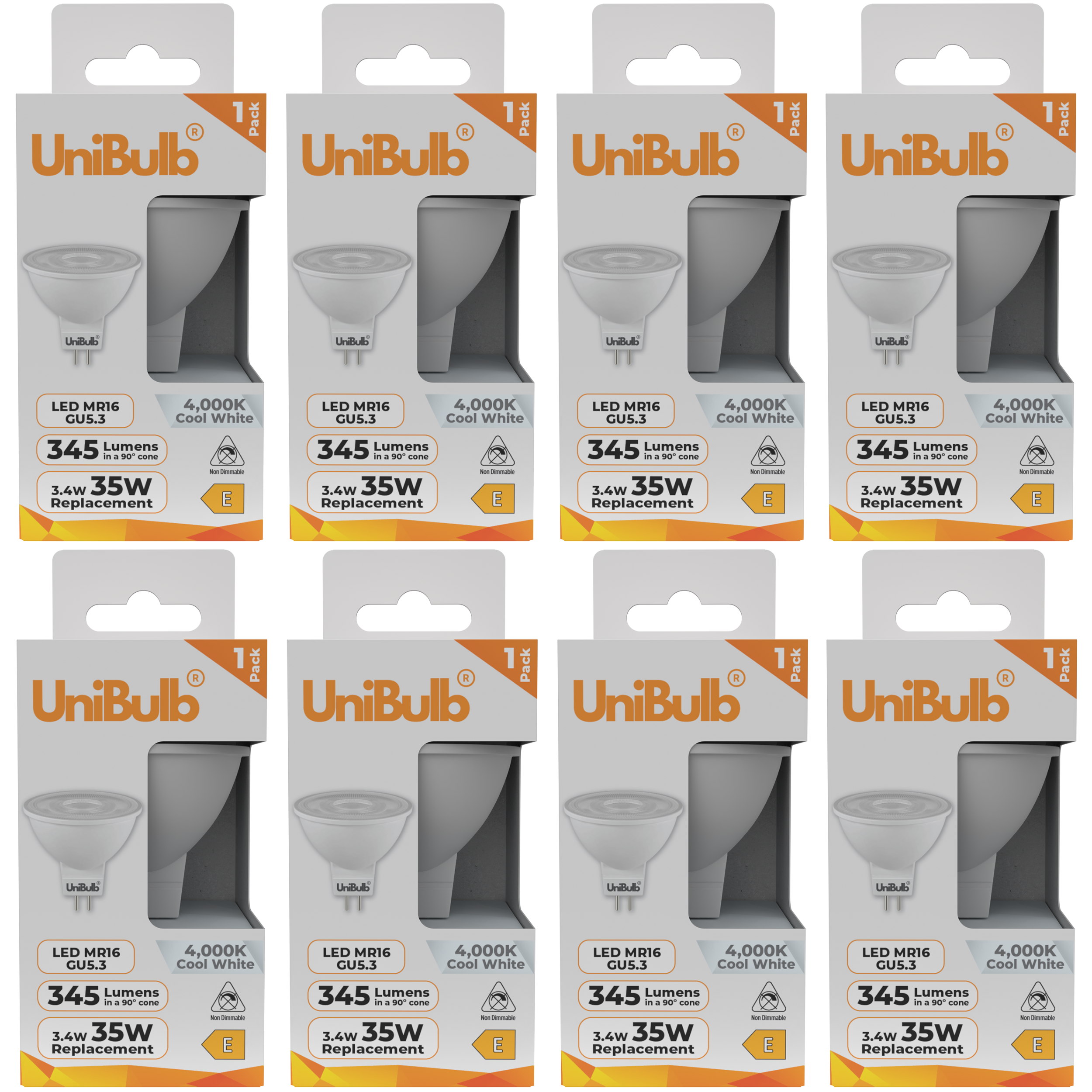 UniBulb 3.4W LED Cool White Spotlight GU5.3 Light Bulb - Pack of 8