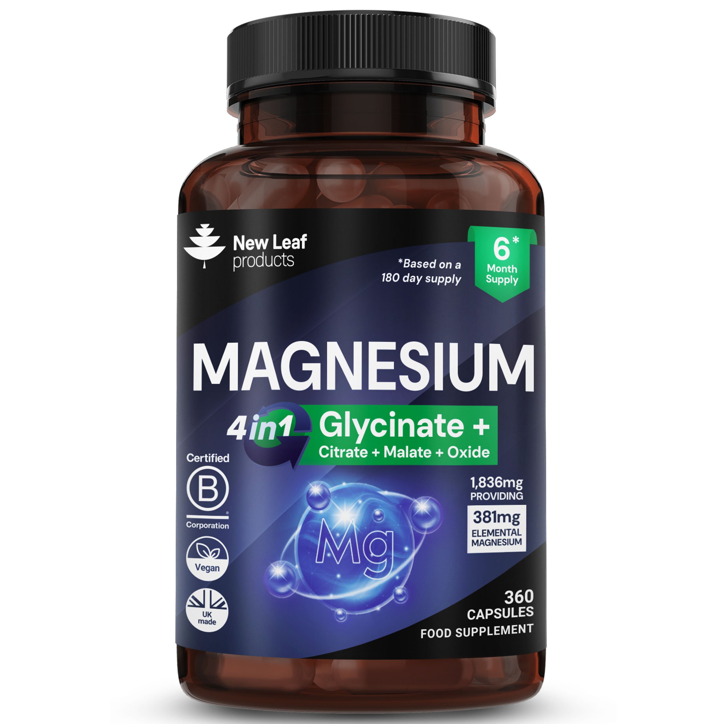 New Leaf Magnesium Glycinate 4in1 Complex 1836mg Supplements - 360 Capsules