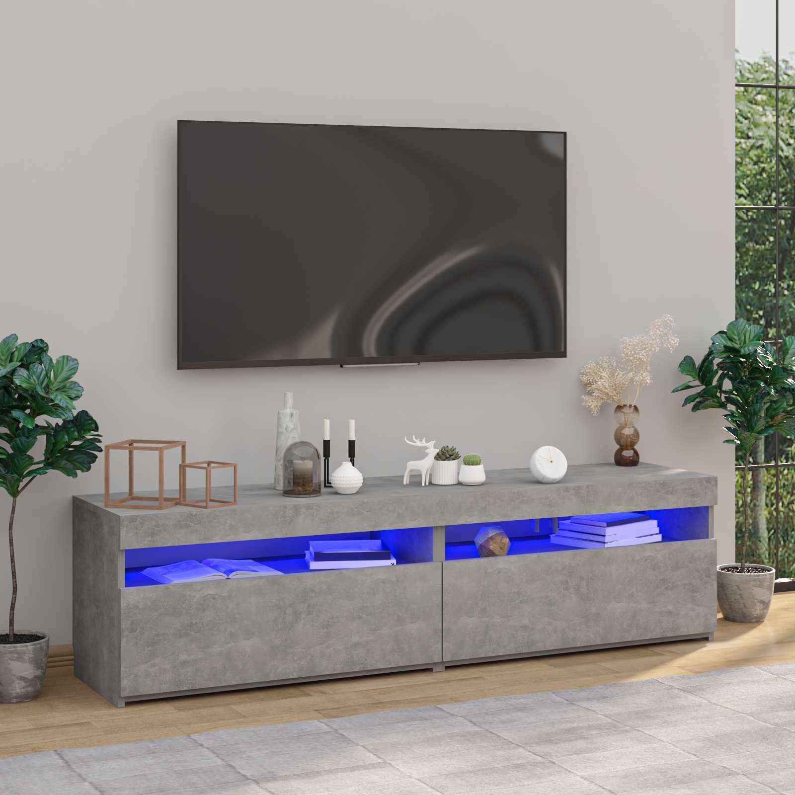 Walplus 2 Piece Engineered Wood LED TV Cabinet - Concrete Grey - 75 x 35 x 40 cm