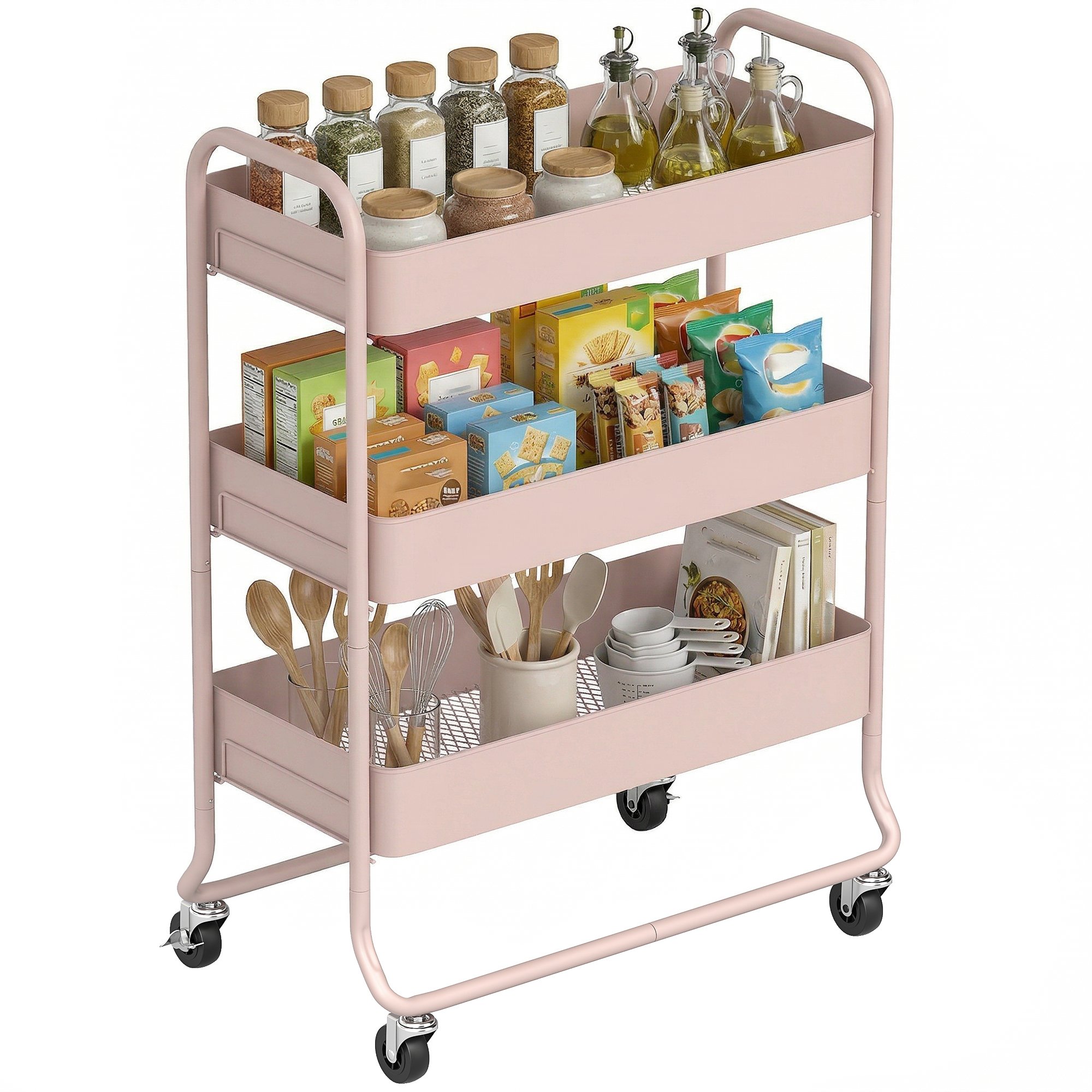 HOMCOM 3 Tier Metal Storage Trolley with Mesh Backets - Light Pink