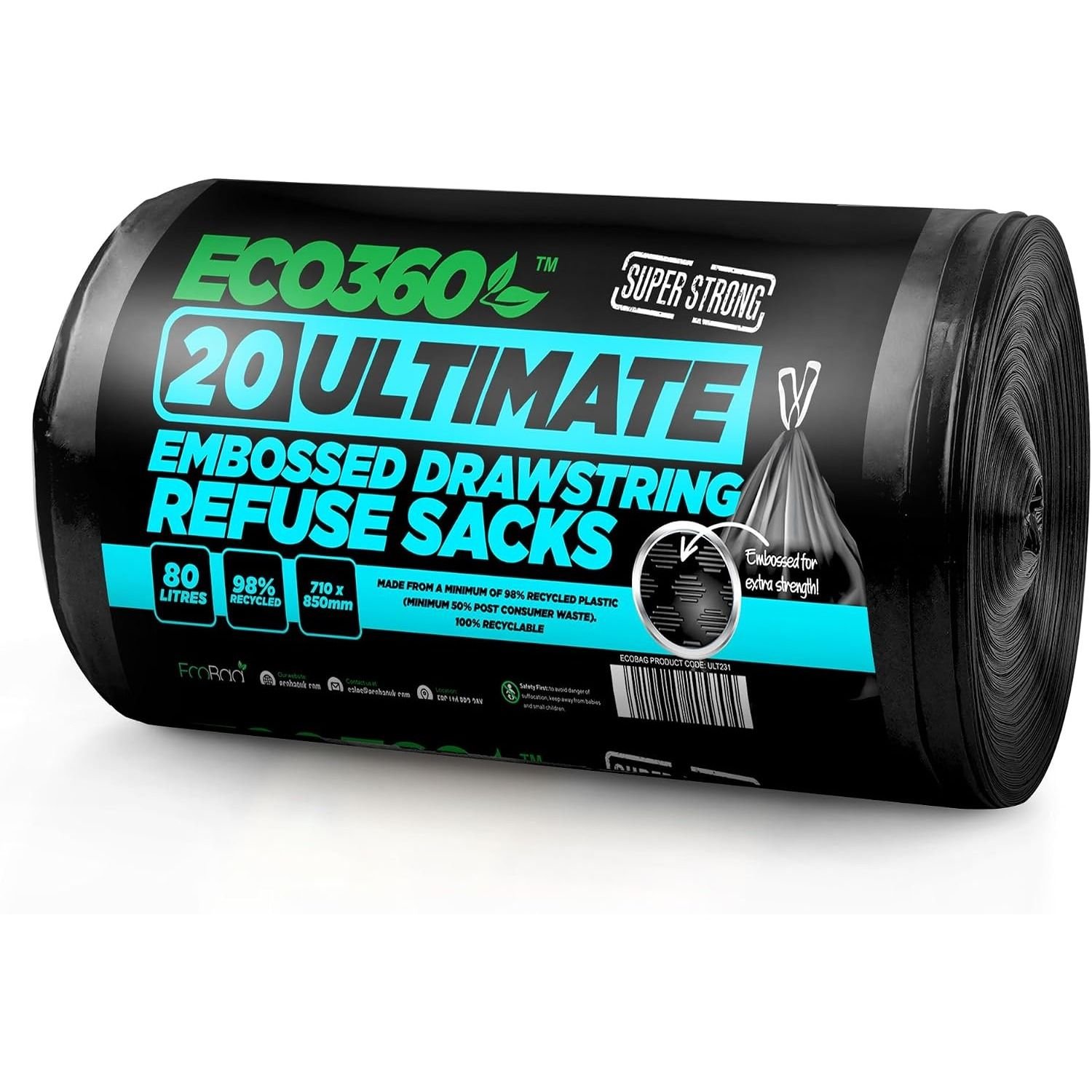 EcoBag Black 80L Embossed Drawstring Refuse Sacks - Pack of 20