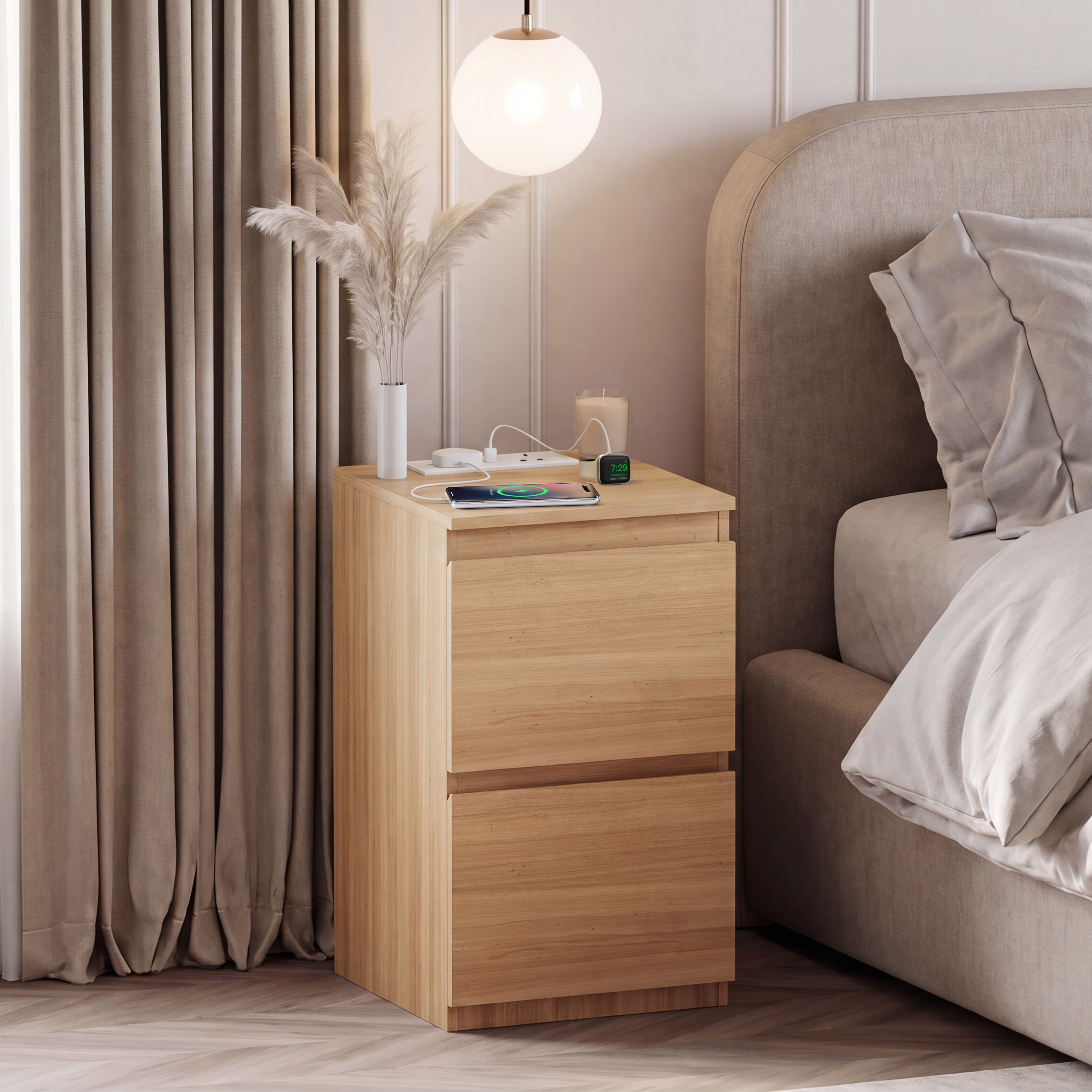Vida Designs Denver 2 Drawer Bedside Chest with Power Outlet - Pine
