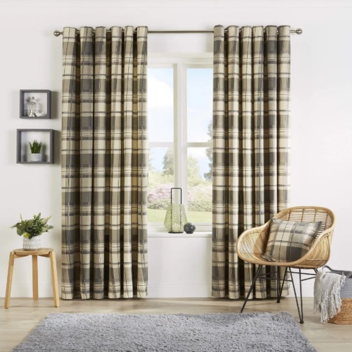 New Edge Blinds Grey Check Eyelet Curtains - 167cm x 229cm