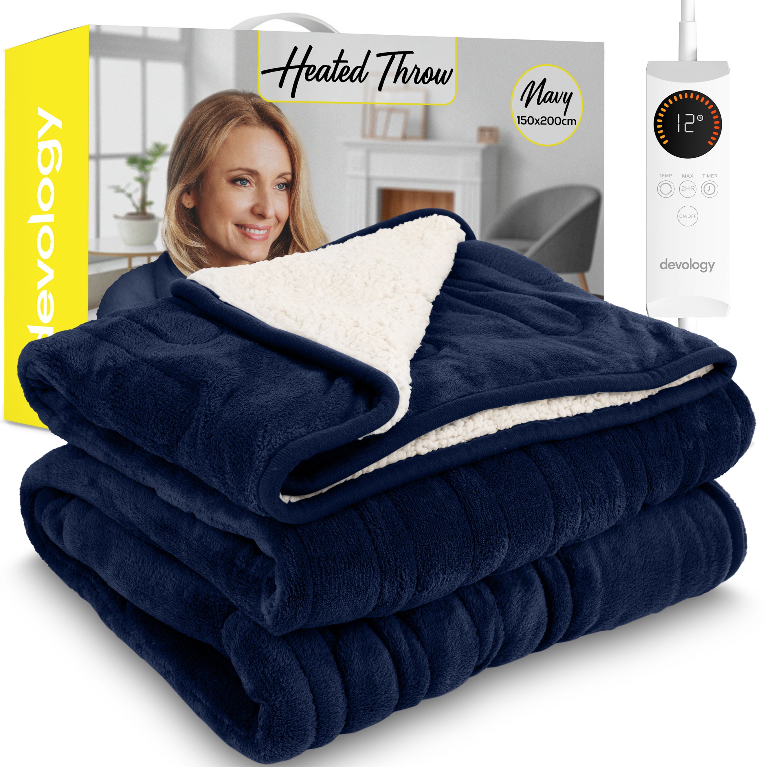 Devology Navy Shearling Electric Blanket Throw 6 Settings - Double