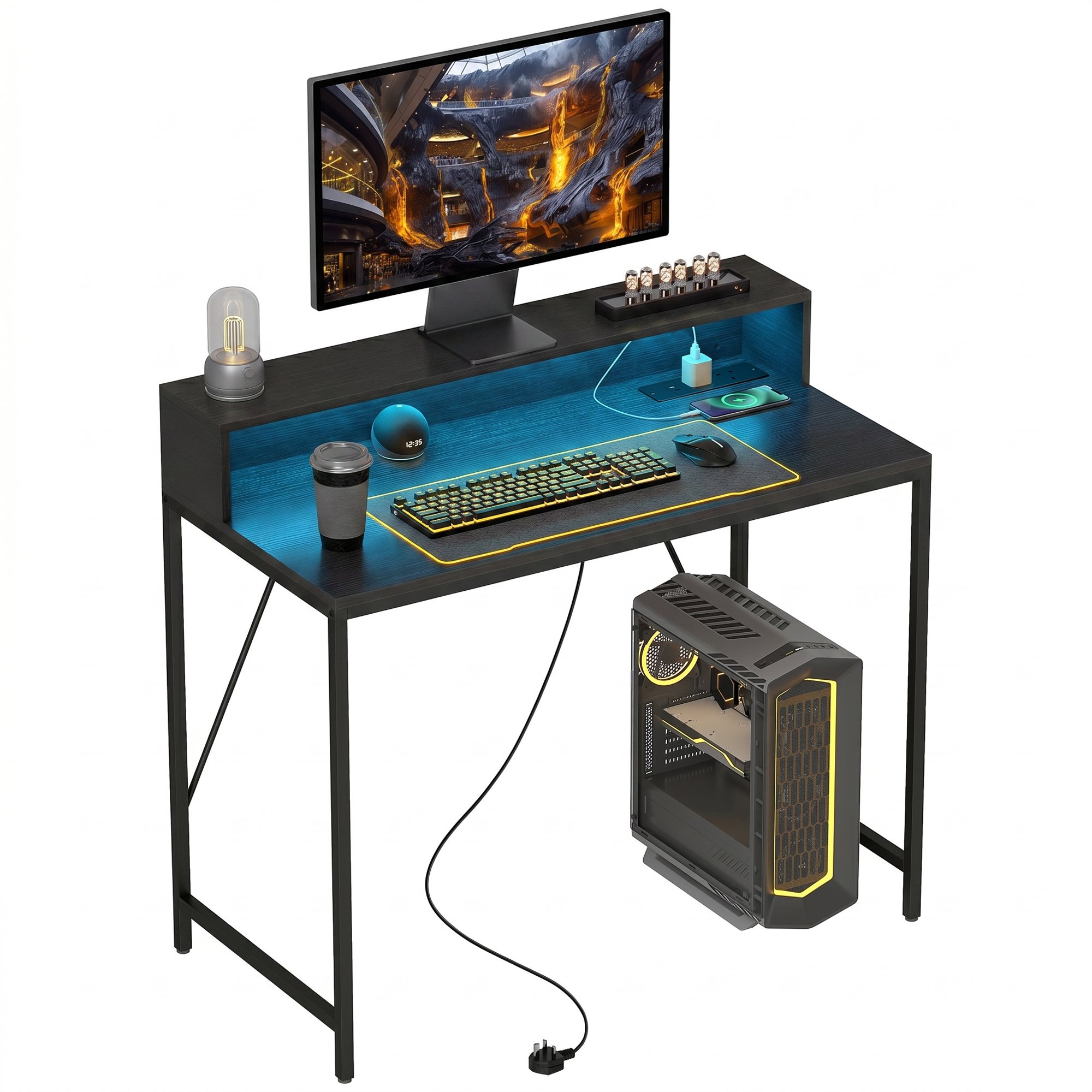 HOMCOM 100cm Computer Desk with LED Lights and Power Outlets - Black Wood-Effect