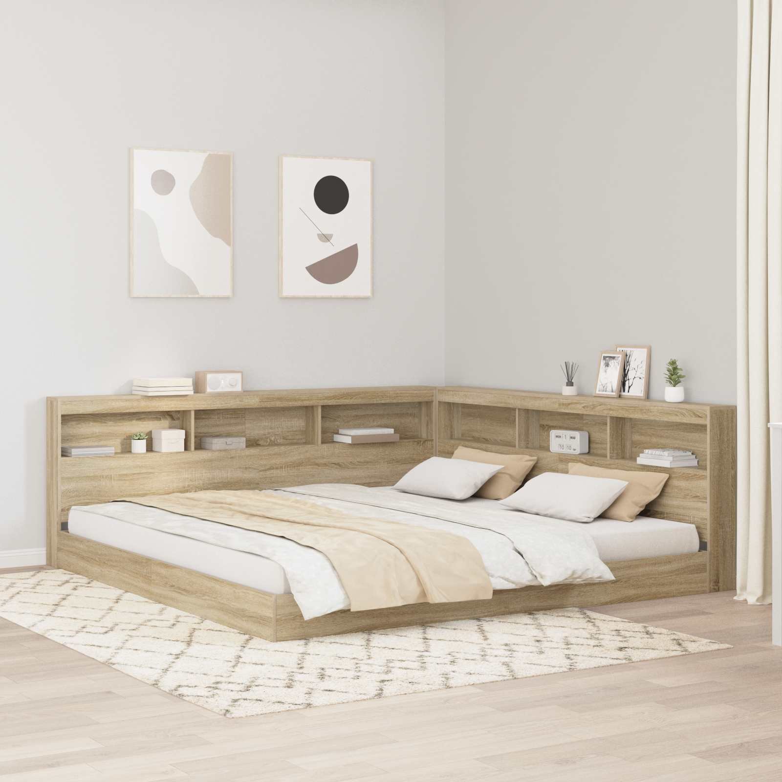 Walplus Engineered Wood Storage Headboard - Light Oak - 217.5 x 197.5 x 76.5 cm