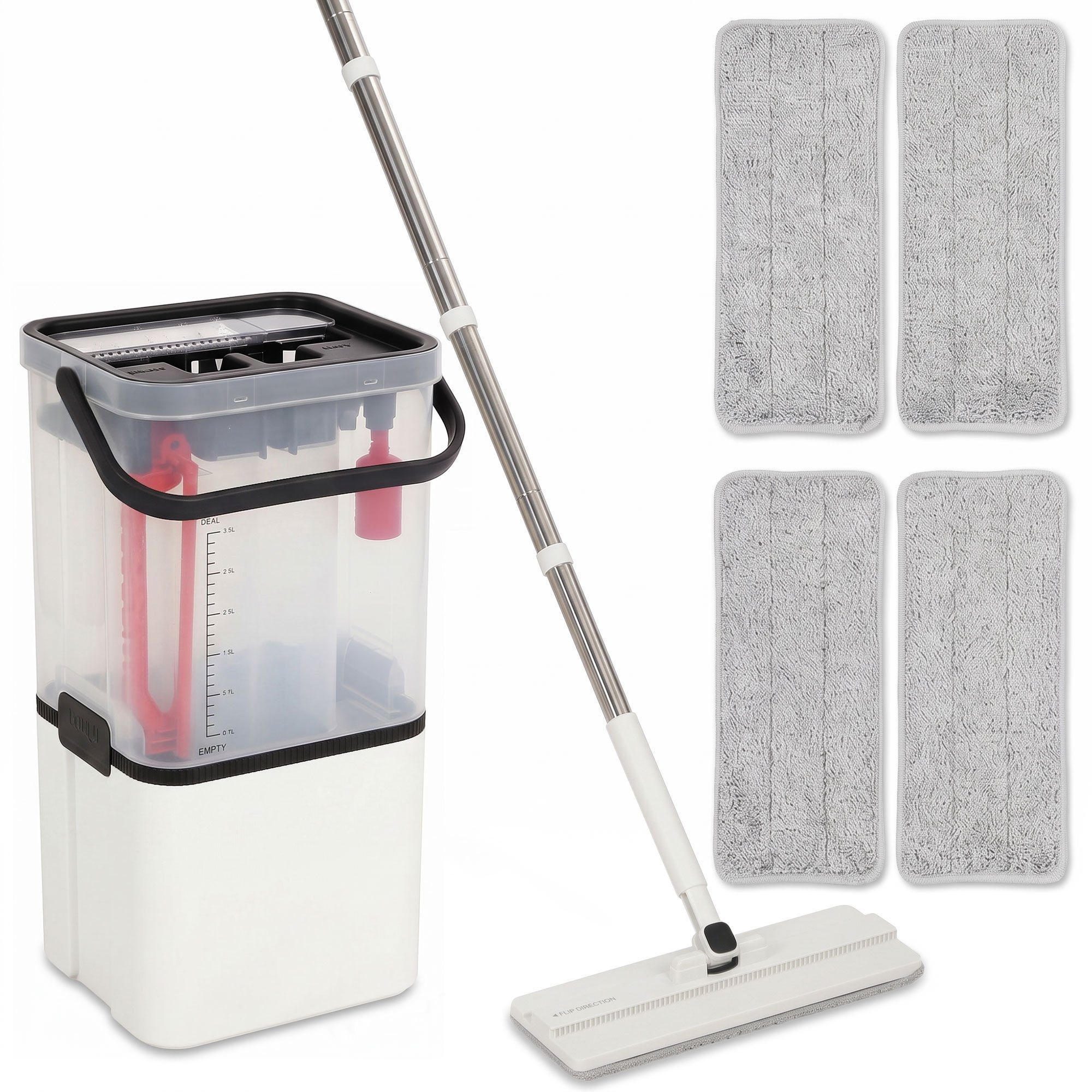 HOMCOM 2 Chamber Wet and Dry 5 Microfibre Pads Flat Mop and Bucket Set – White