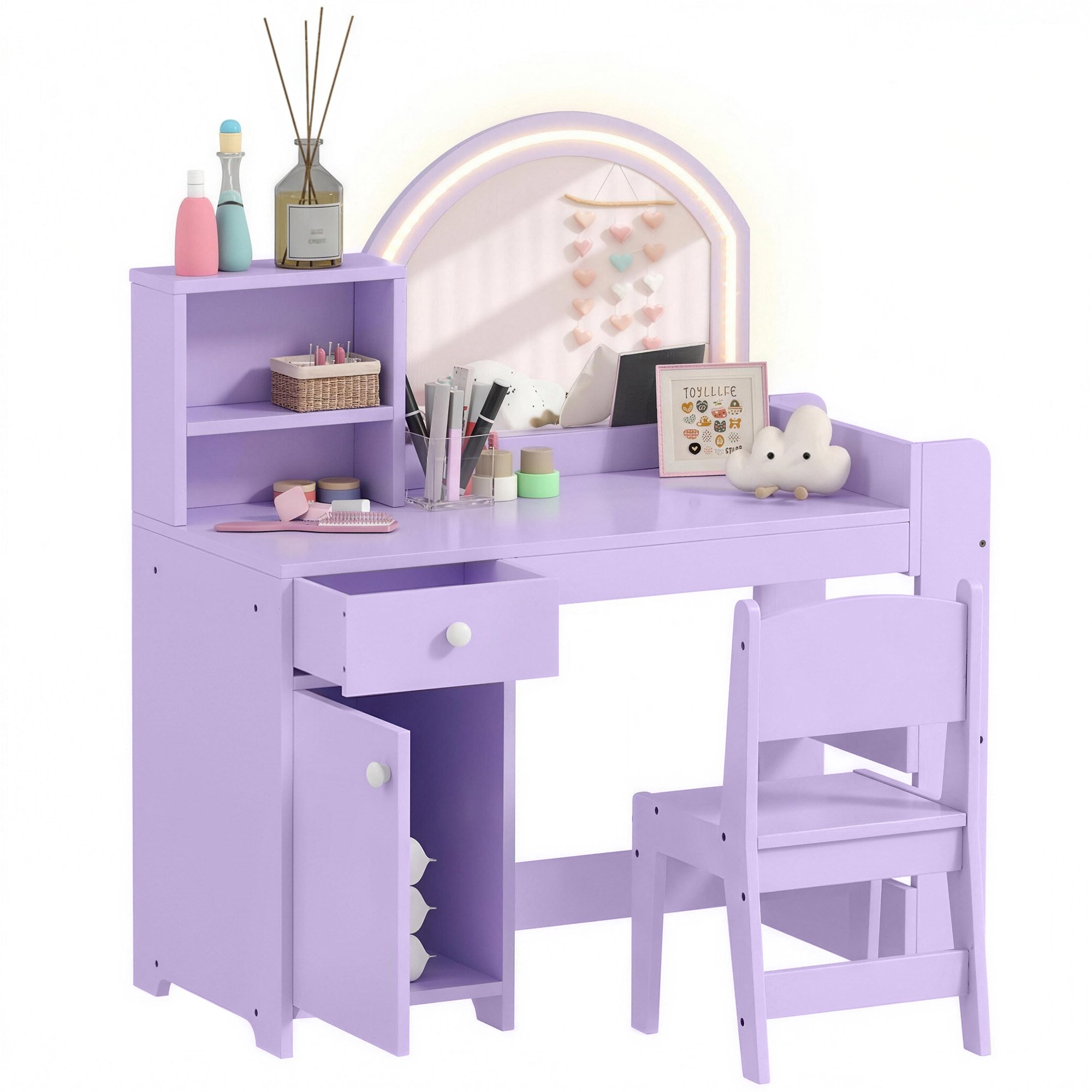 AIYAPLAY 3-8 Years 2 Colour LED Mirror MDF Dressing Table and Stool – Purple