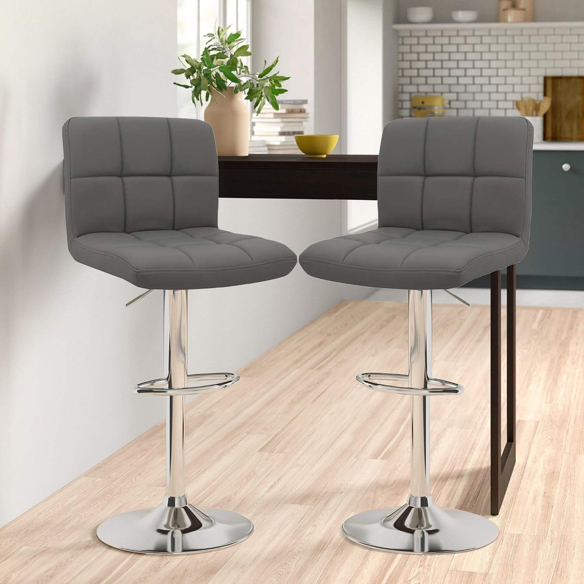 Neo Set of 2 Faux Leather Bar Stools with Polished Chrome Legs - Dark Grey