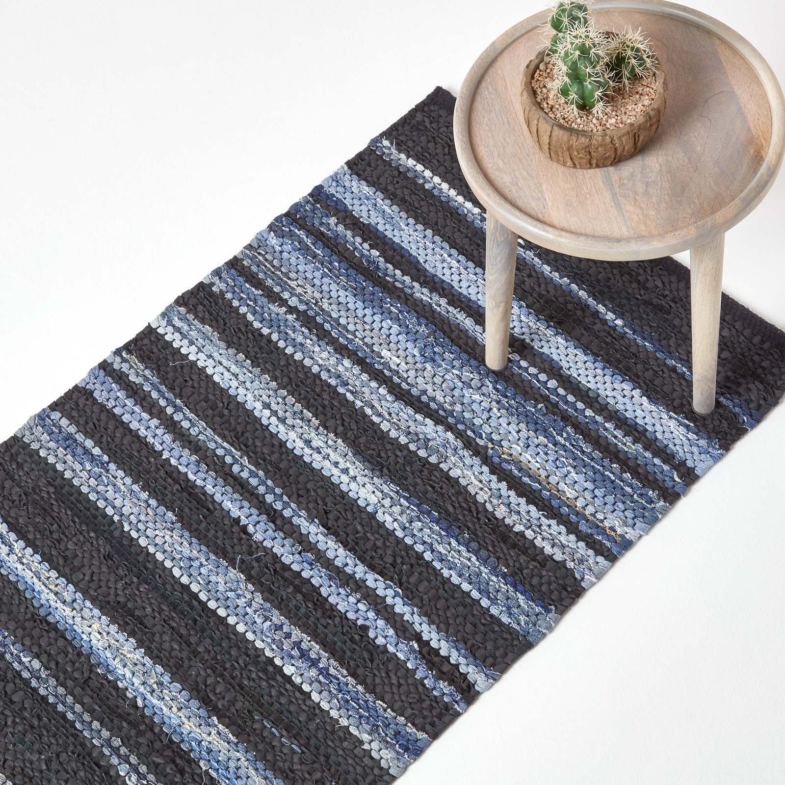 Homescapes Texas Leather & Denim Woven Striped Hall Runner – 66 x 200 cm – Blue