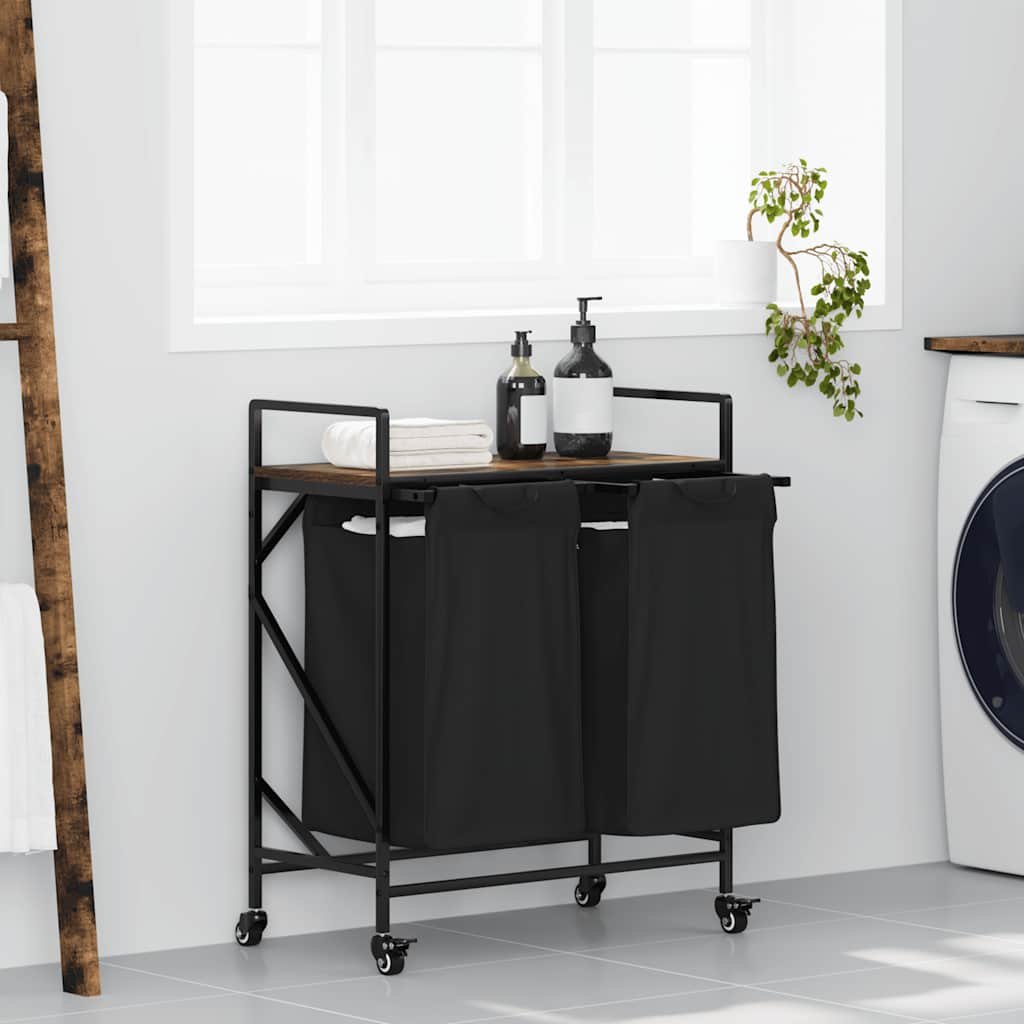 Walplus Laundry Basket 2 Compartments with Wheels - Smoked Oak - 67 x 33 x 82 cm