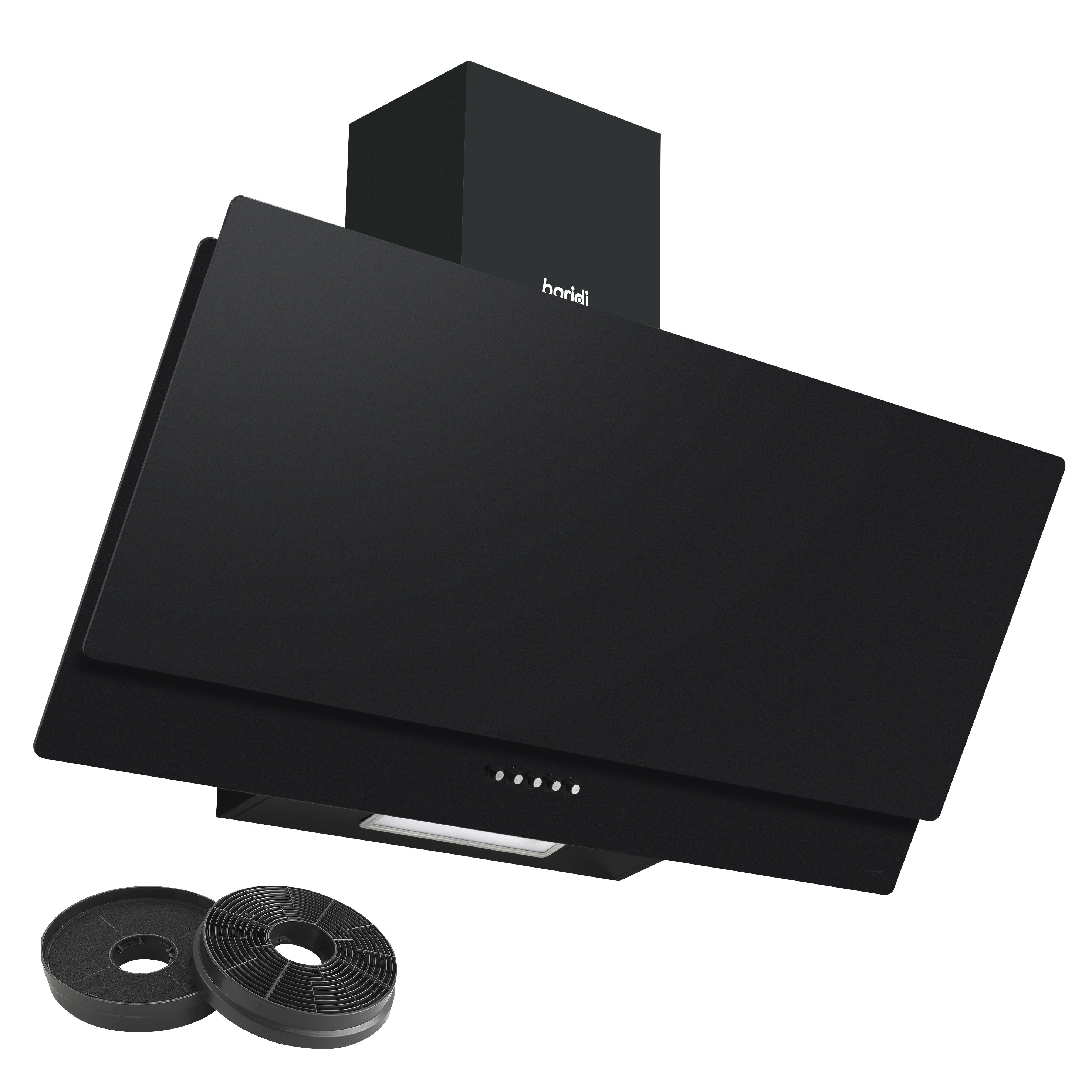 Baridi 90cm Angled Chimney Cooker Hood - Black Glass