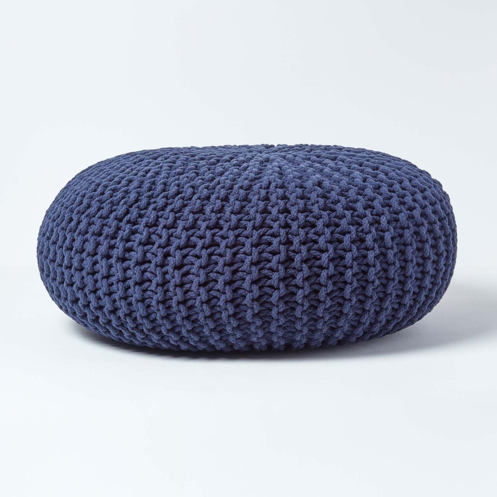 Homescapes Large Round Cotton Knitted Pouffe Footstool – Navy Blue