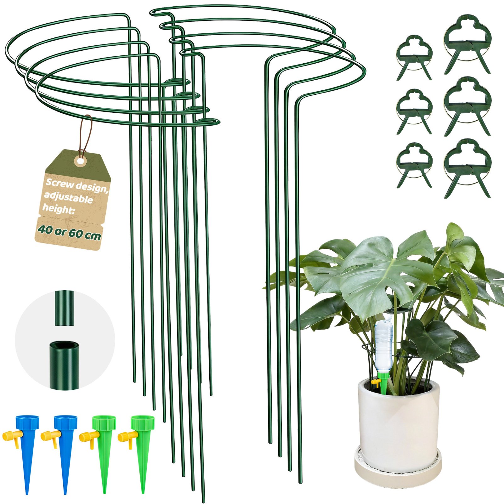 deAO Adjustable Plant Support Metal Stakes 8 Pack - Green