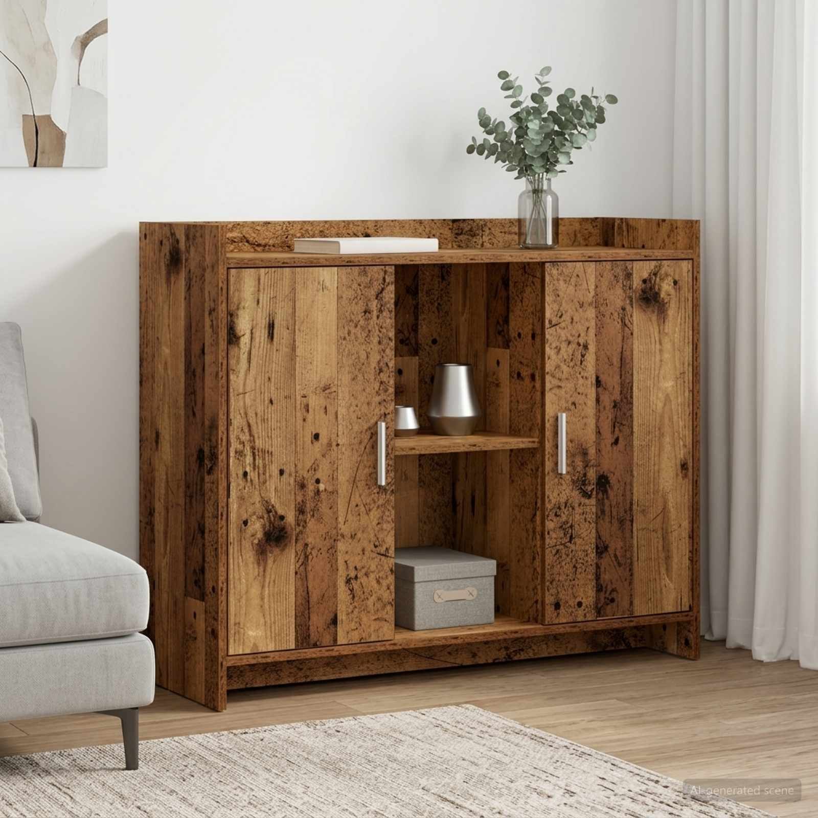 Walplus 2 Door Rectangular Sideboard 3 Shelf - Brown - 98.5 x 33 x 80 cm