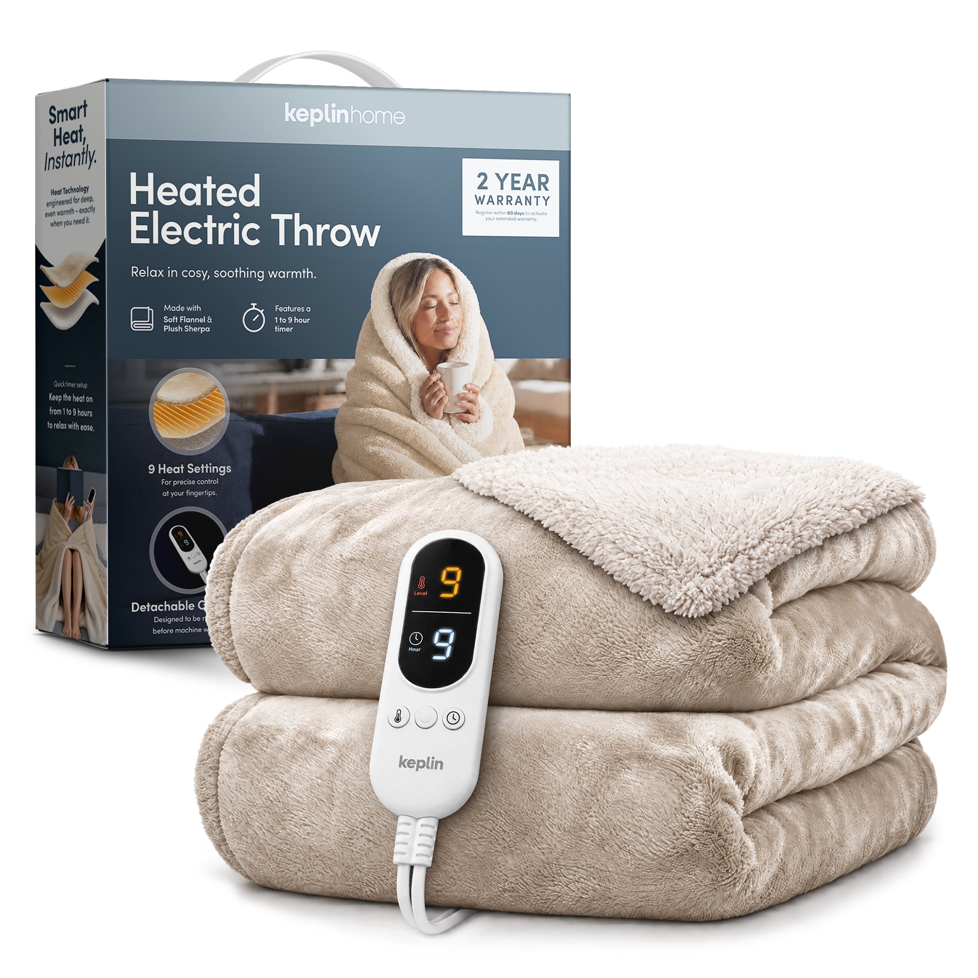 Keplin 130 x 160cm Sherpa Electric Heated Throw Blanket - Cream