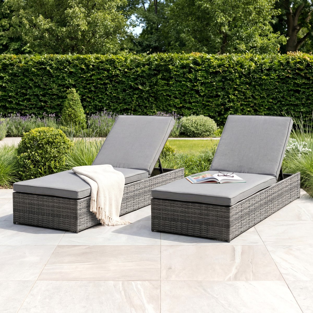 Charles Bentley Garden Waterproof Reclining Rattan Sun Lounger - Grey