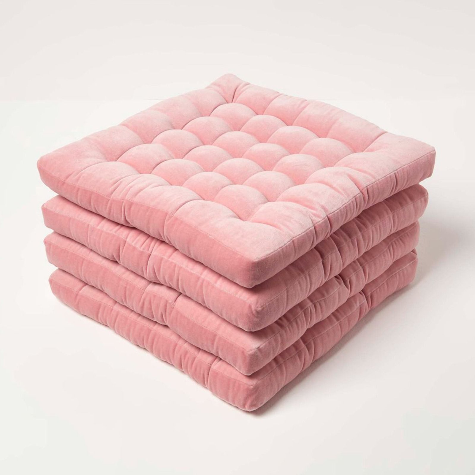 Homescapes Pack of 4 Velvet Seat Pad Chair Cushions - Blush Pink