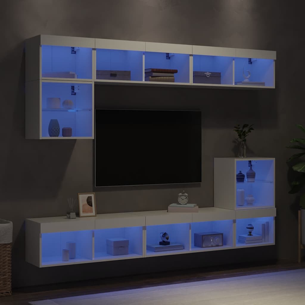 Walplus Pack of 8 LED Engineered Wood TV Wall Unit - White - 80 x 30 x 30 cm