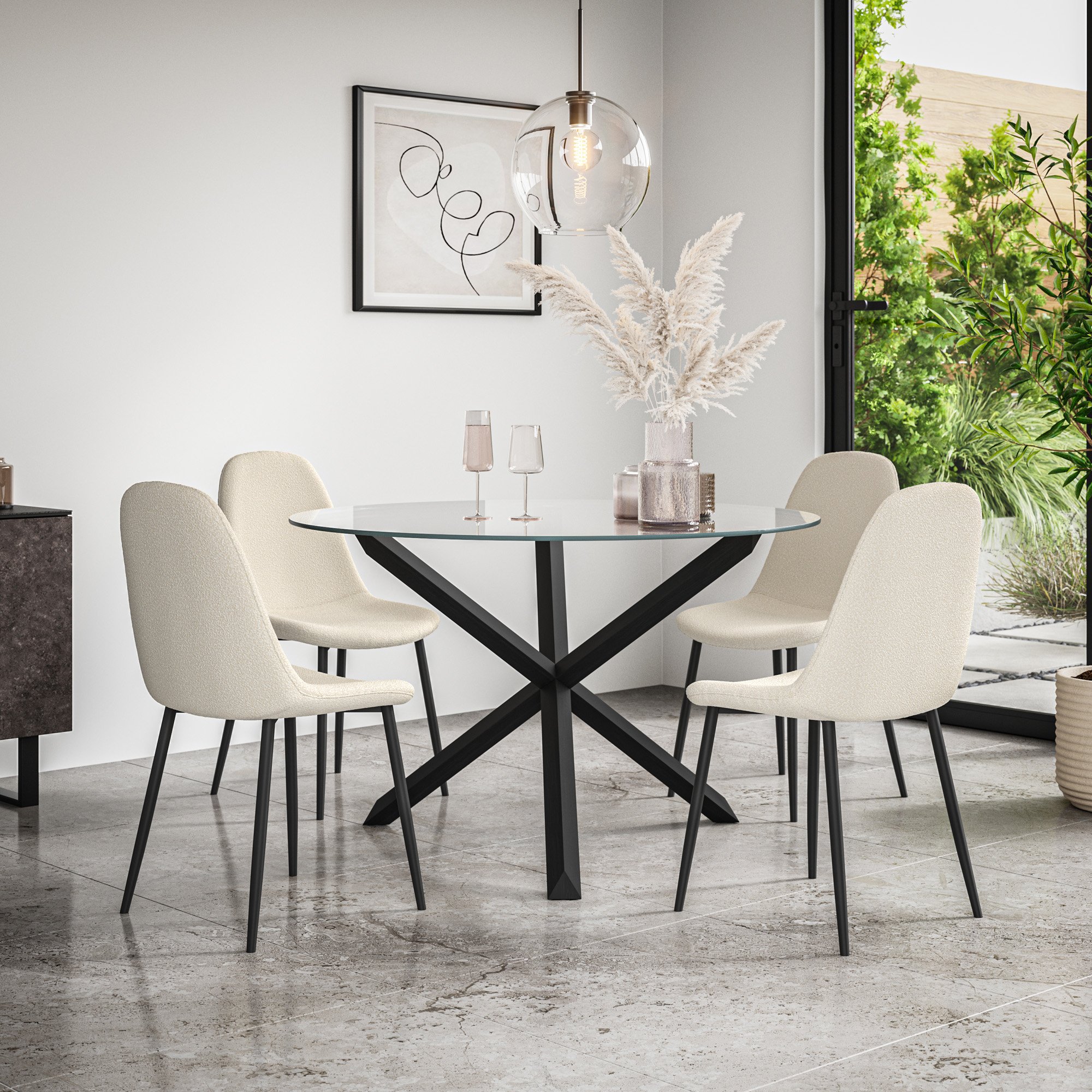 Furniture Online Malvern Maya Glass Top Dining Table & 4 Ivory Chairs