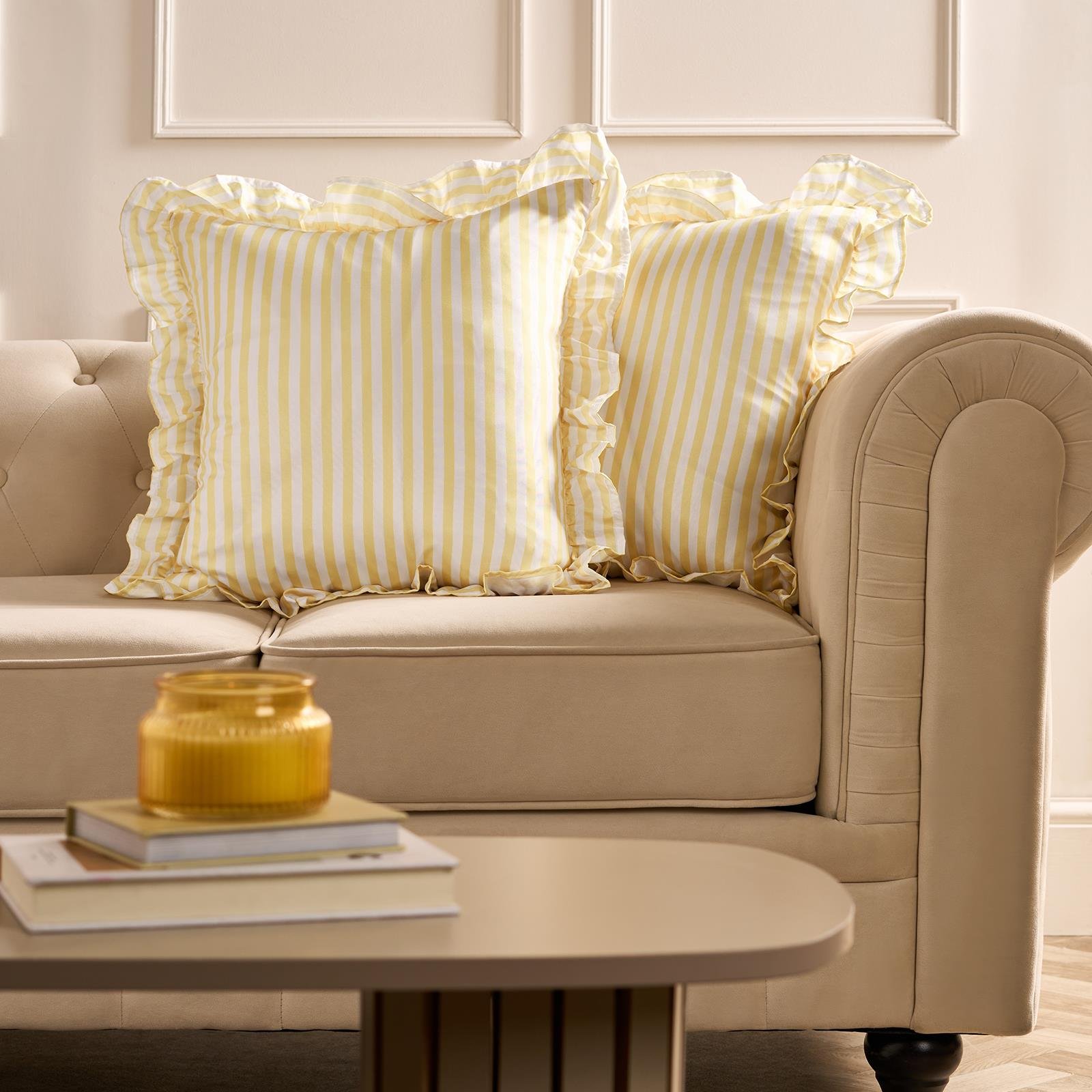 OHS 2 Pack Stripe Frill Cushion Covers 45 x 45cm - Lemon