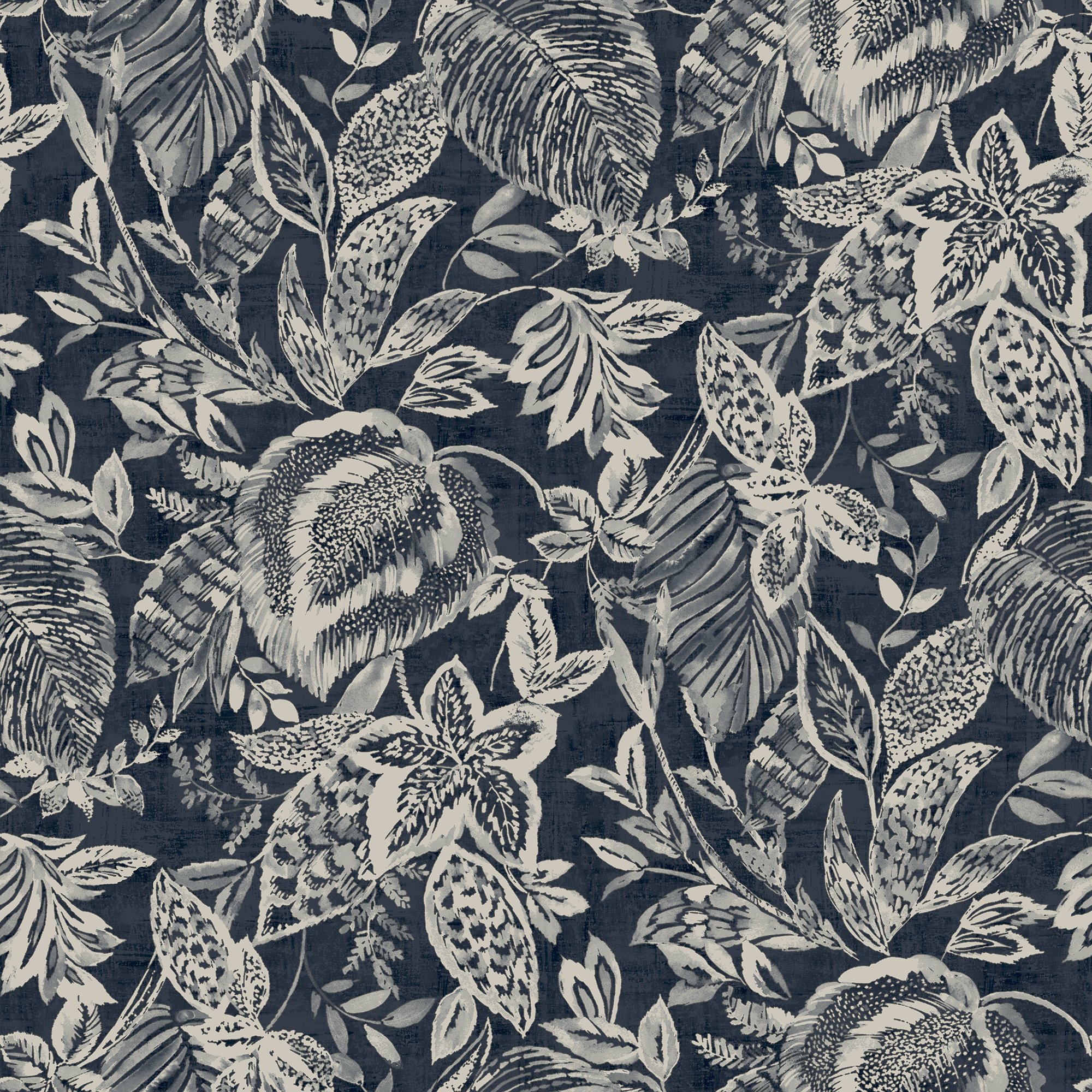 Grandeco Mae Painted Jungle Leaves Linen Textured Wallpaper - Navy Blue