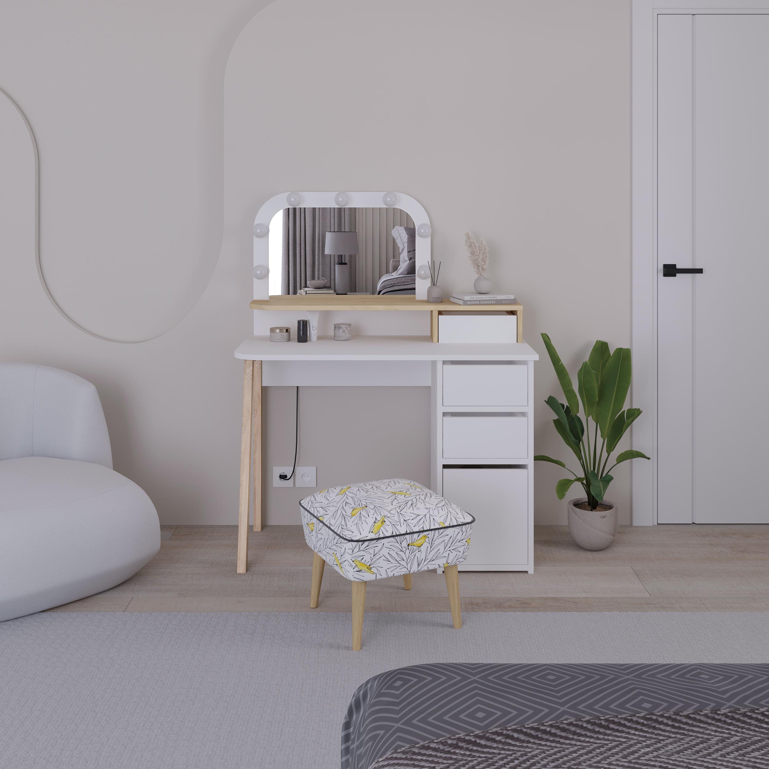 Decortie Avien Dressing Table With Mirror - White & Oak