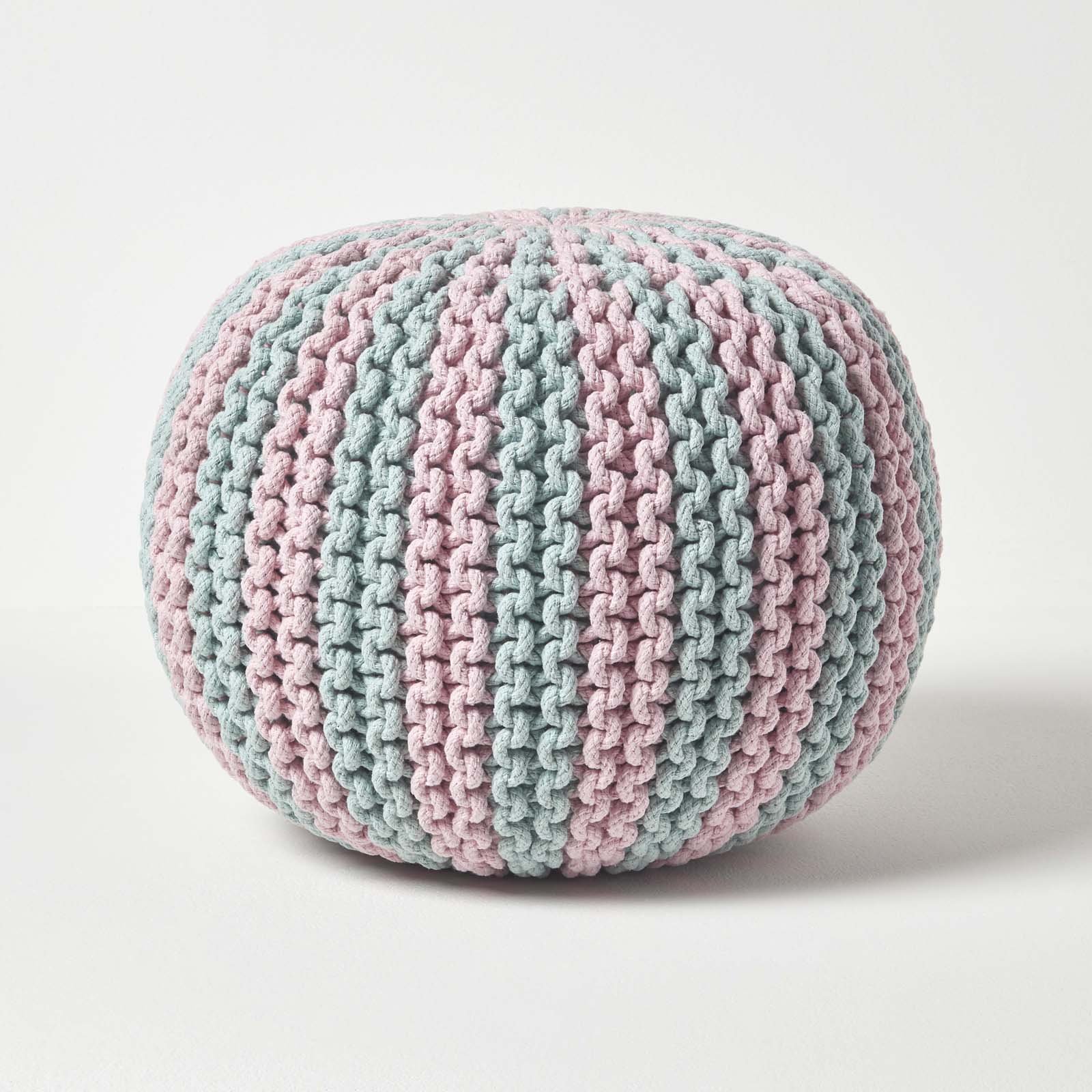 Homescapes Knitted Pouffe Striped Footstool – 35 x 40 cm – Pink and Blue