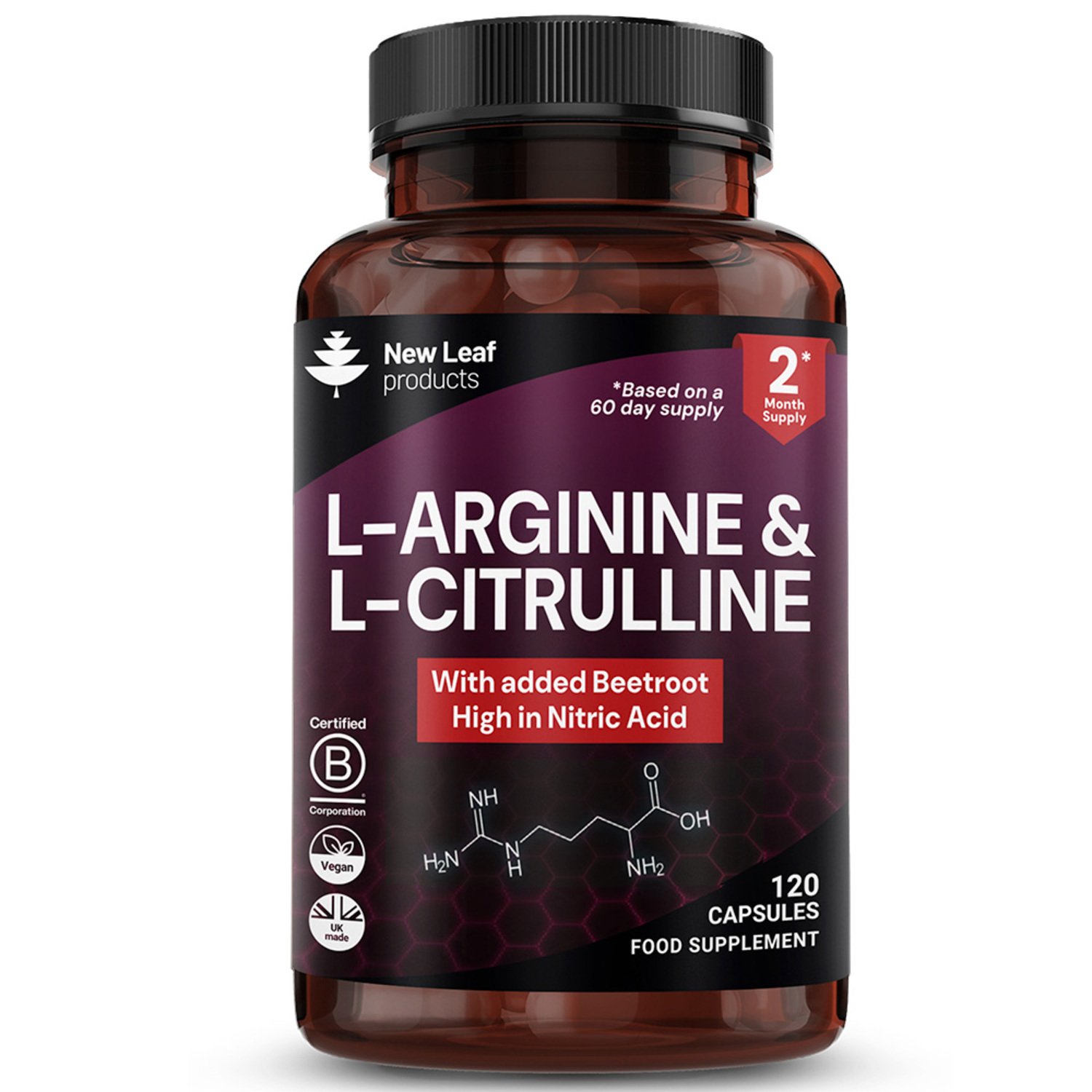 New Leaf L-Arginine & L-Citrulline with Beetroot 1700mg - 120 Capsules