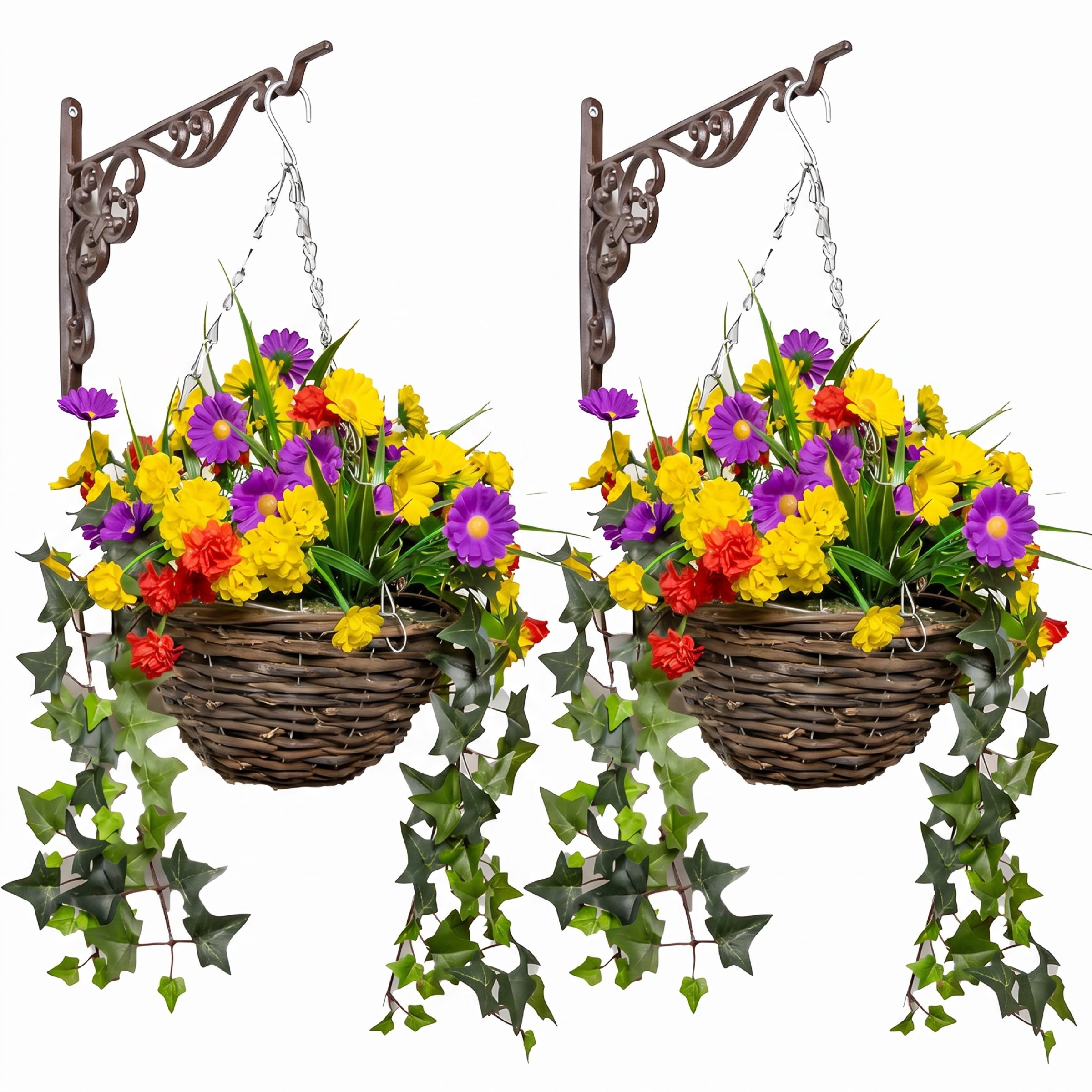 Primrose Pair of Artificial Wildflower Flowers Rattan Hanging Basket 25cm