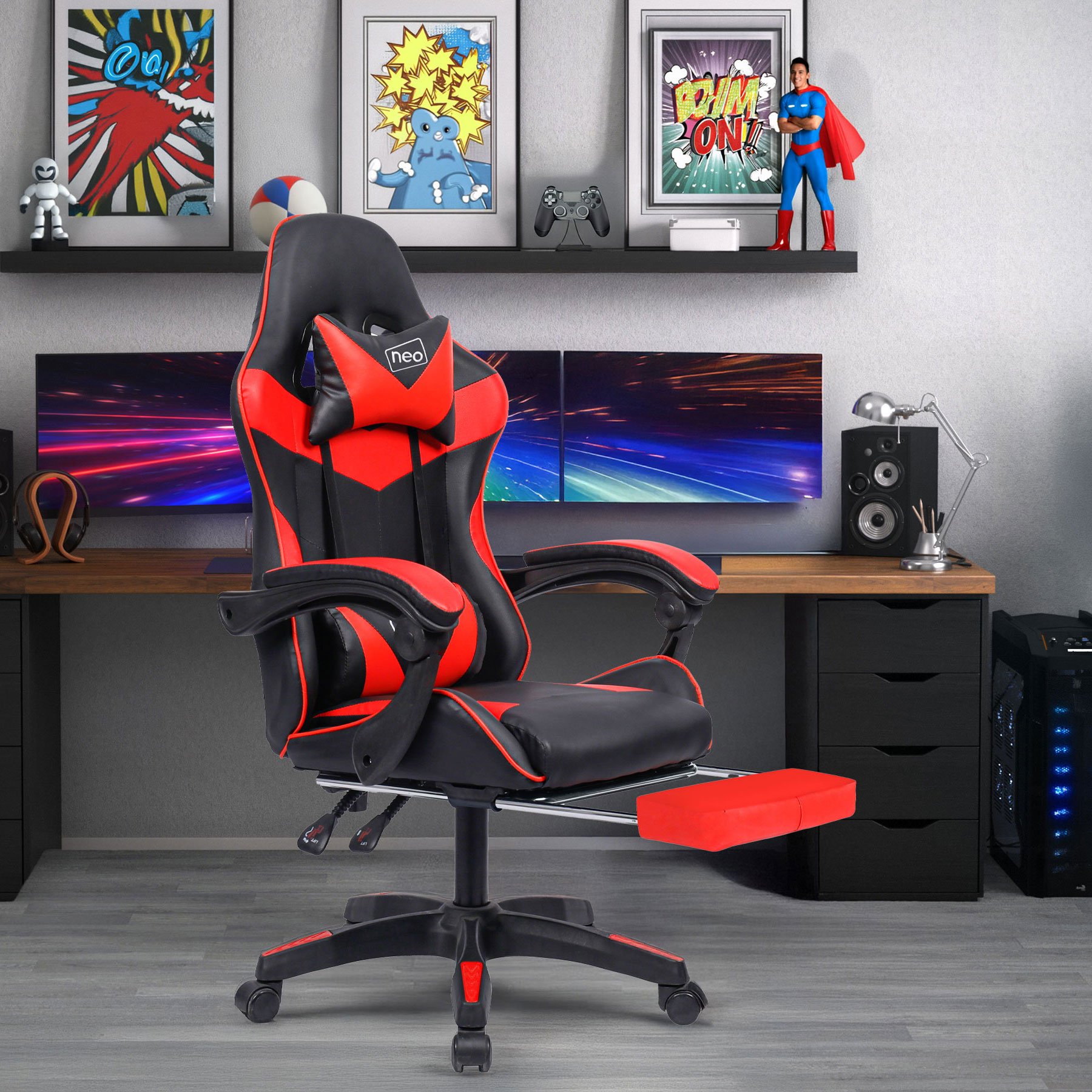 Neo Leather Massage Recliner Gaming Office Chair with Footrest - Red