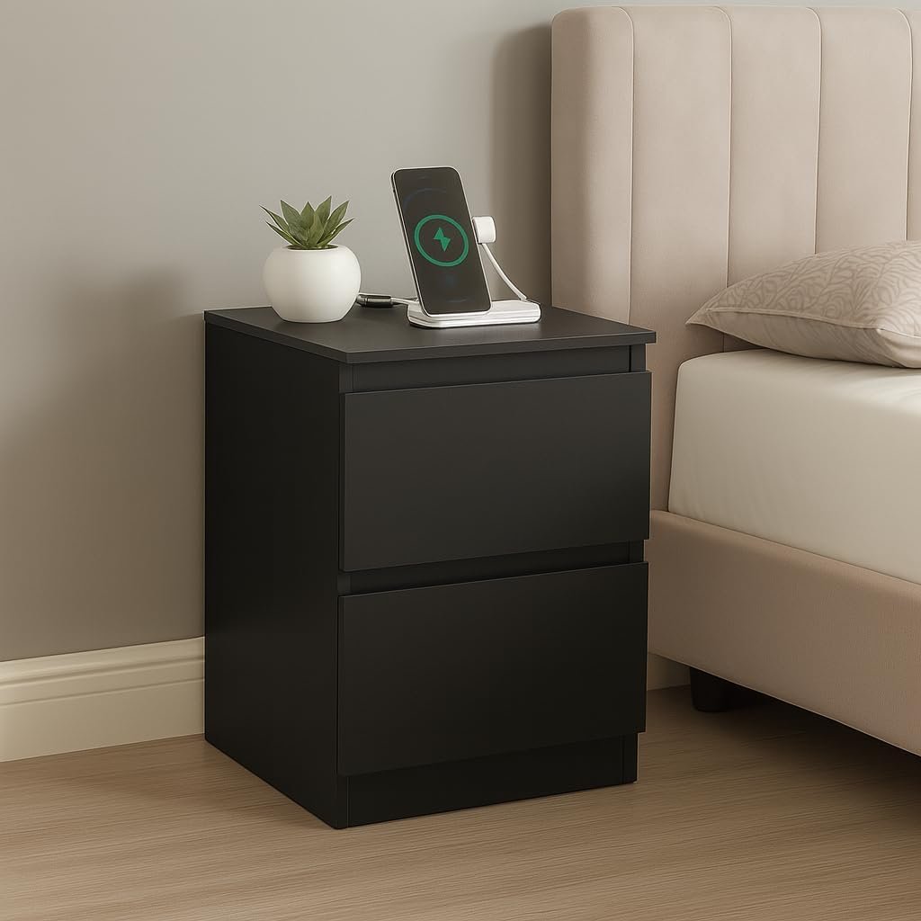 Home Treats 2 Drawer USB Charging Bedside Table - Black