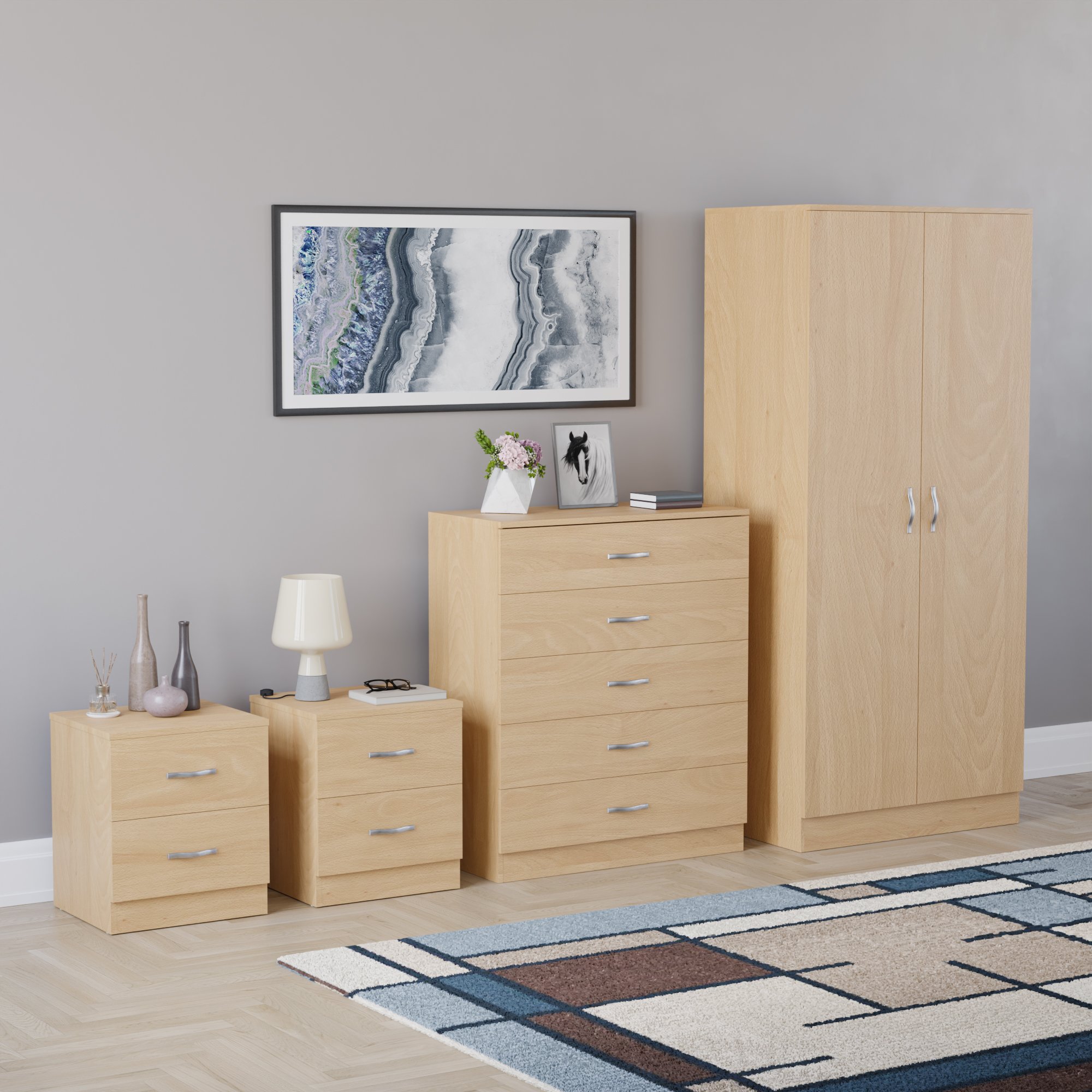 Vida Designs Riano Bedroom Set (Bedsides, 5 Drawer Chest, 2 Door Wardrobe)- Pine