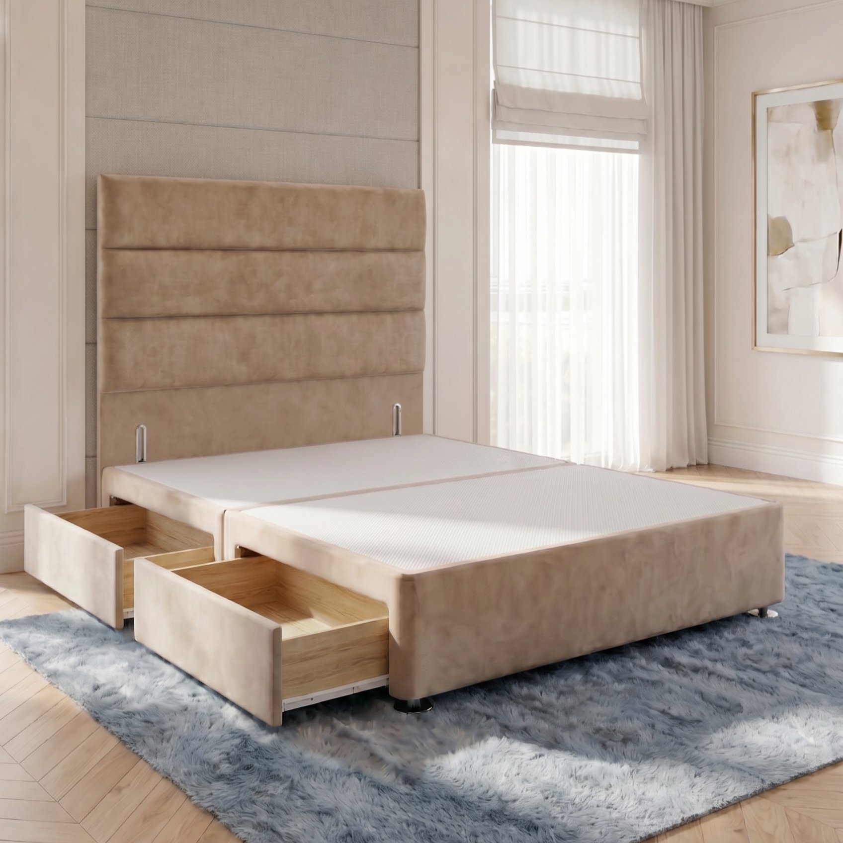 Somnior Regent Velvet Double 2 Drawer Divan Bed 54" Headboard - Beige