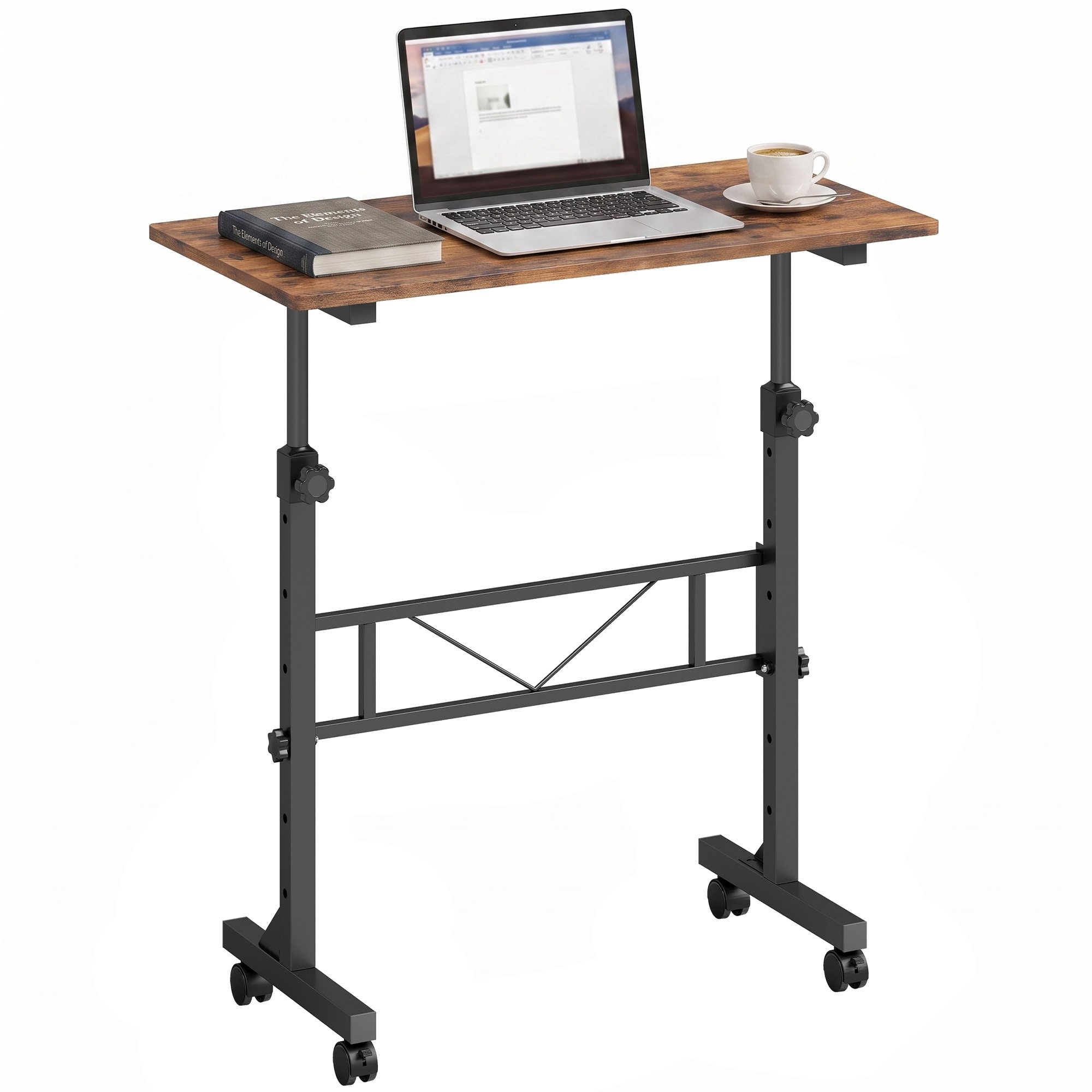 HOMCOM Steel Frame Overbed Table With Wheels and Brakes - Rustic Brown and Black
