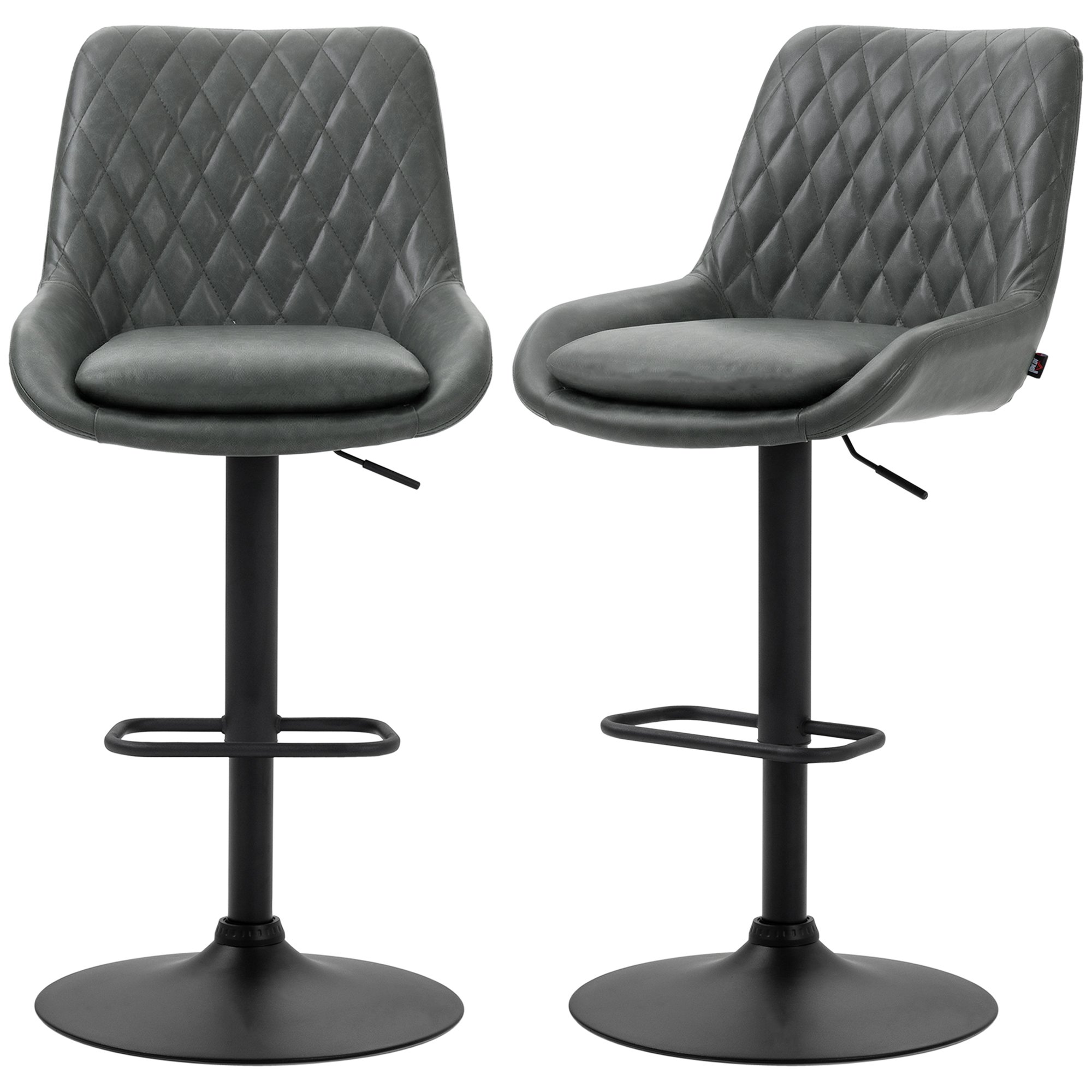 HOMCOM Set of 2 PU Leather Bar Stools with Wide Seat and Base - Dark Grey
