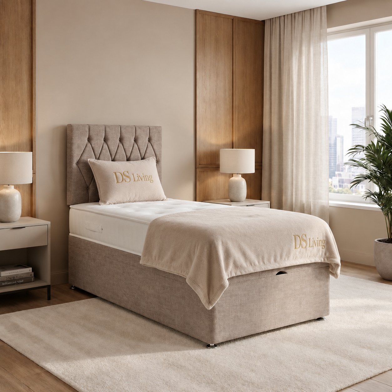 DS Living Diamond Single Upholstered Divan Bed Frame - Beige