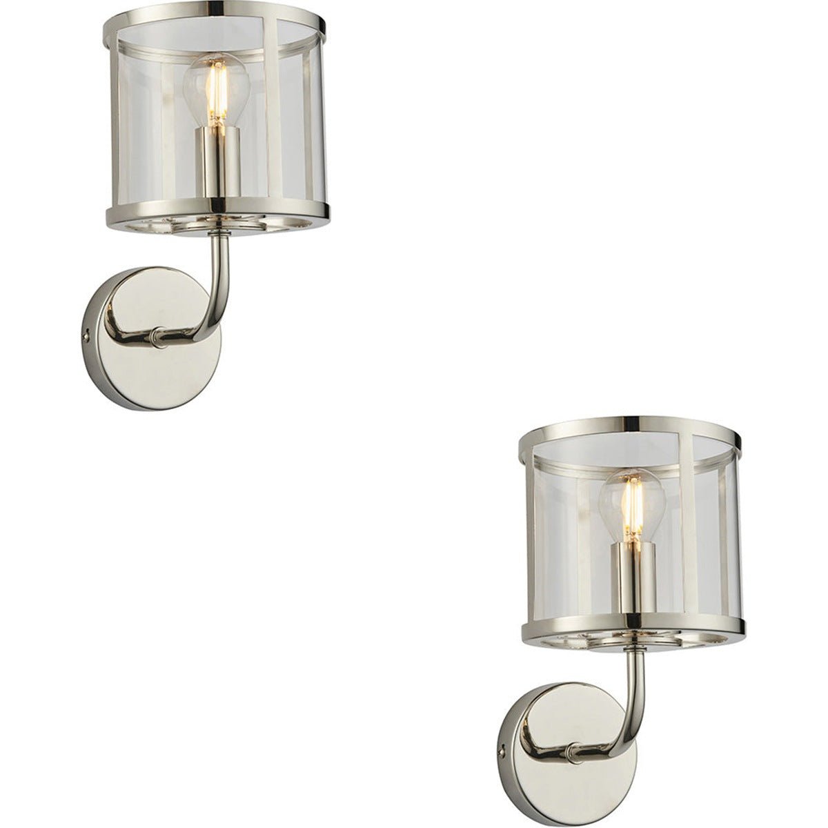 Loops Direct Pack of 2 Steel and Glass Wall Light - Bright Nickel Clear Glass